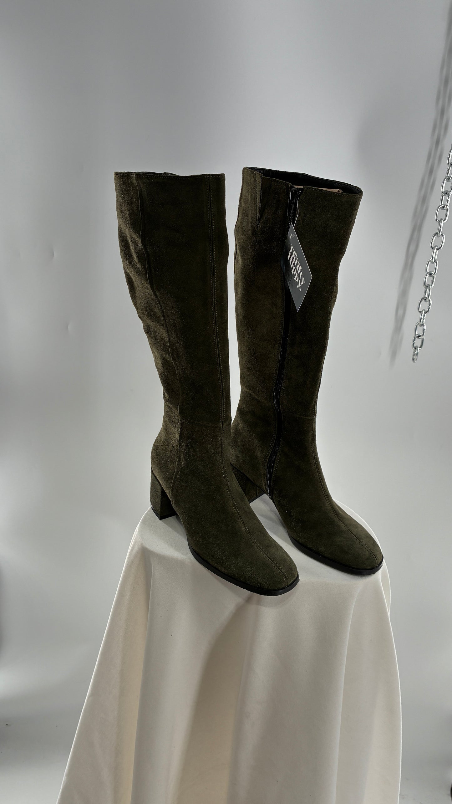 Vintage ERIC MICHAEL Olive Green Suede Boots Square Toe Knee High Boots (36)