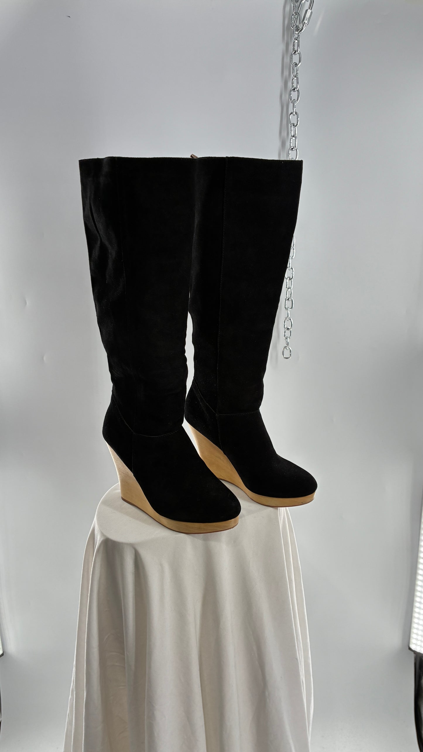 Vintage Black Genuine Suede Leather Knee High Boots with Skinny Wooden Wedge Heel (9)