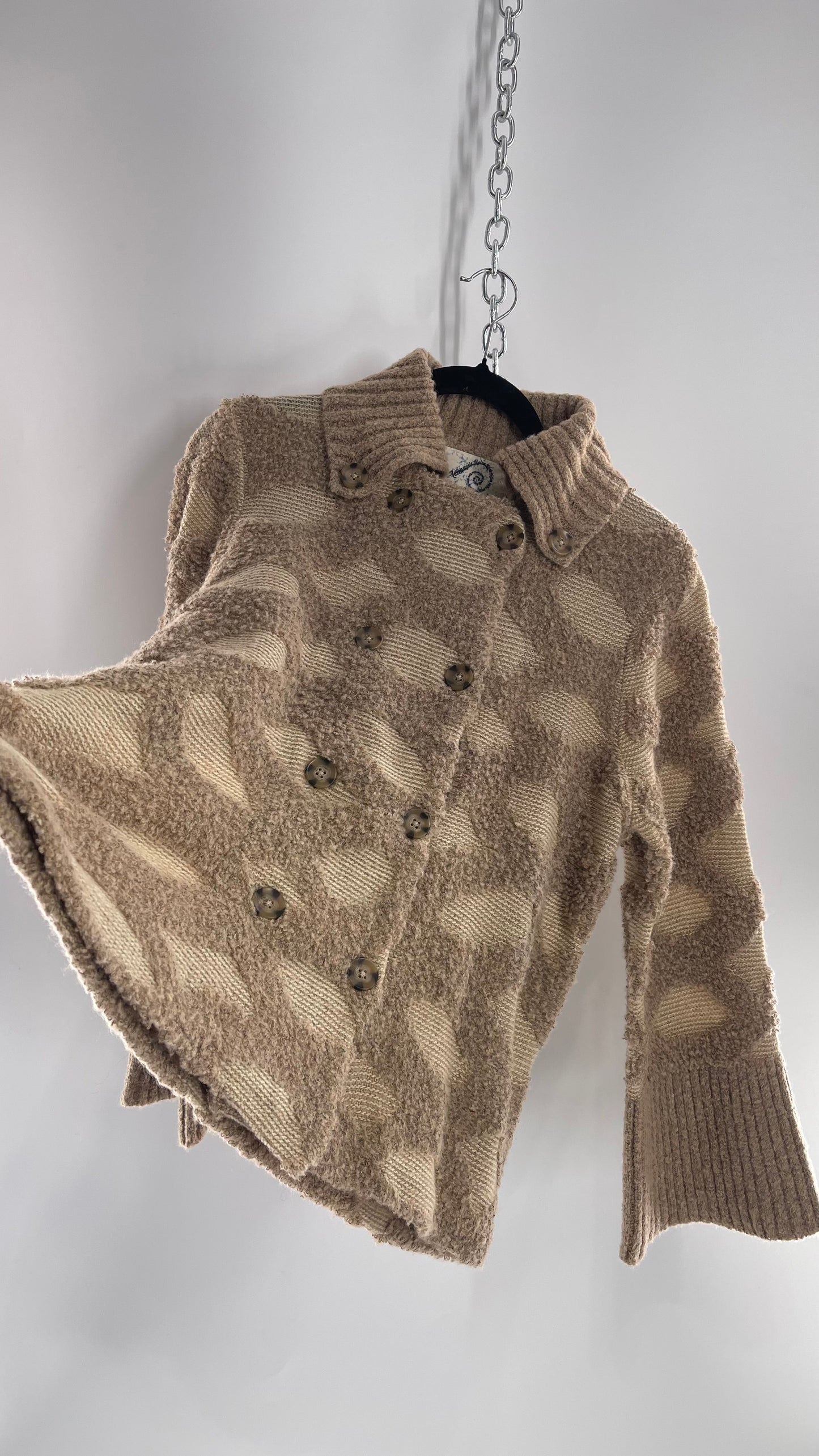 Rosie Neim Anthropologie Intarsia Light Brown Knit Bell Sleeve Textured and Collared Cardigan (XS)