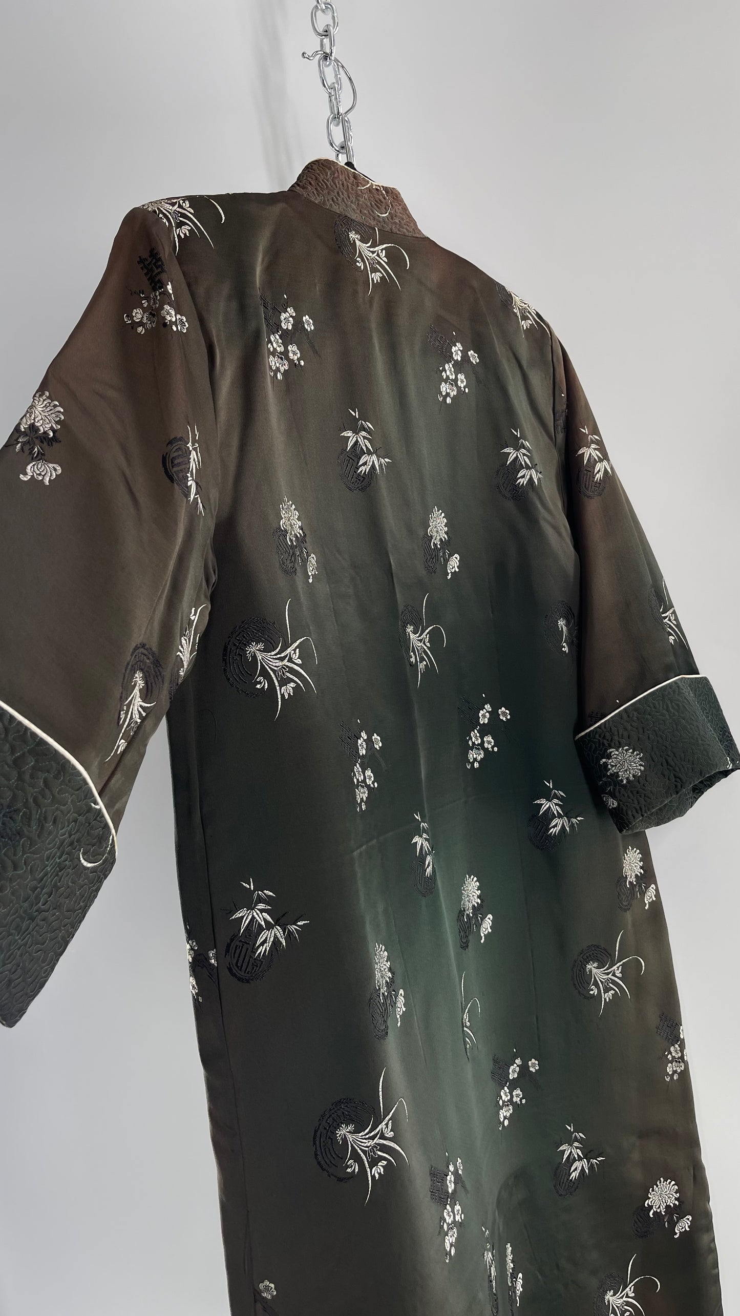 Vintage Hong Kong, Hand Made, Dark Green Silk Kimono Coat/Smoking Jacket (38)