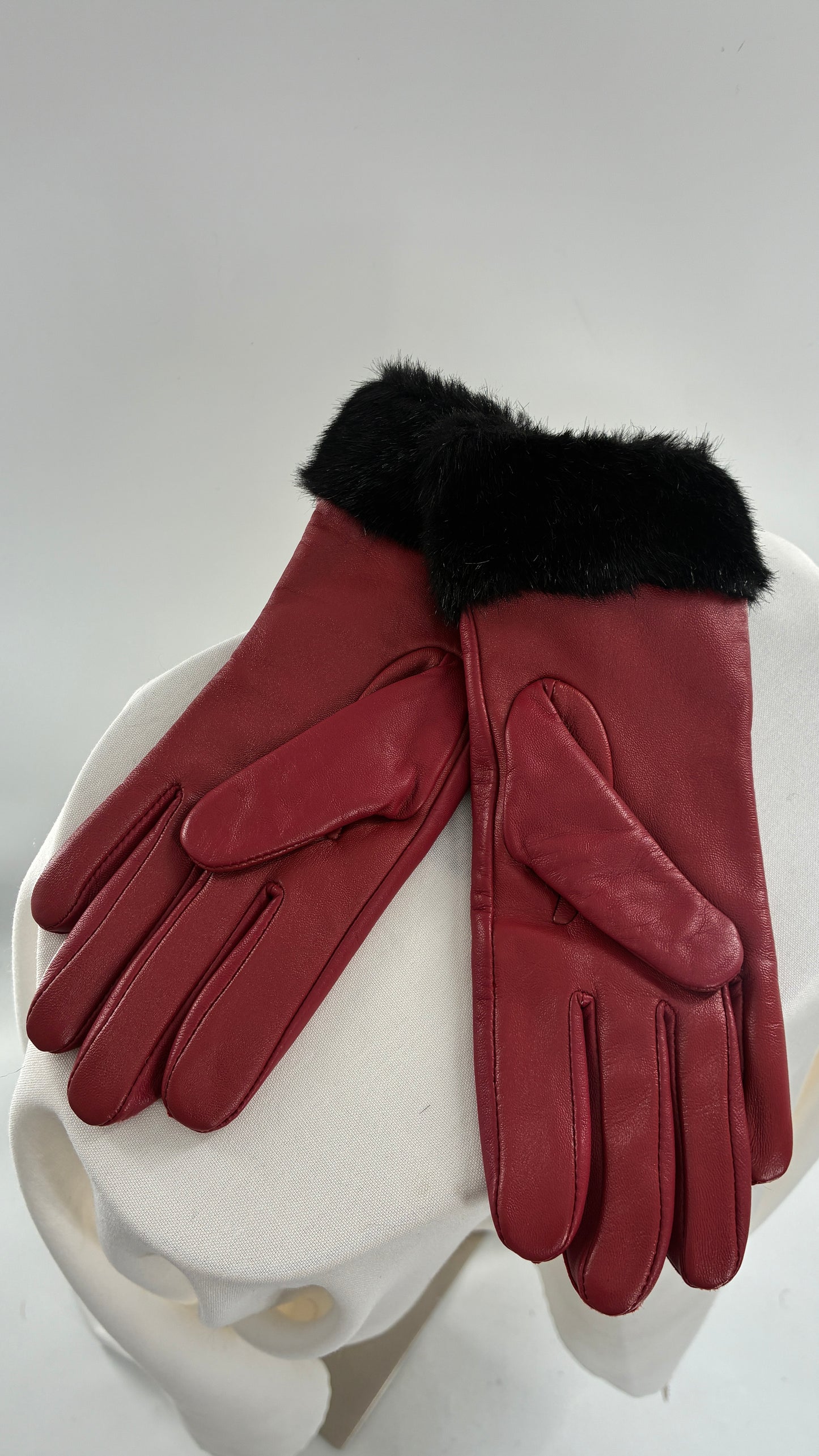 Vintage Red Leather Gloves with Faux Fur Trim