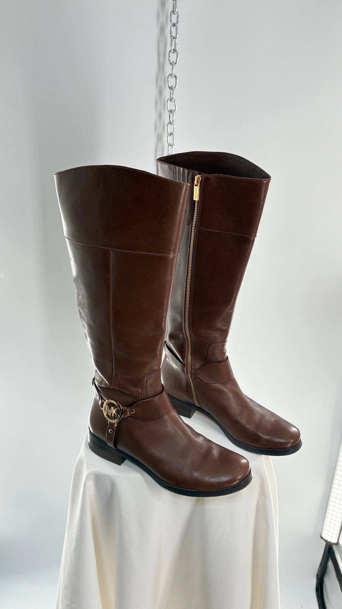 Vintage MICHAEL KORS Knee High Brown Genuine Leather Moto Boot with Gold Detailing (9)