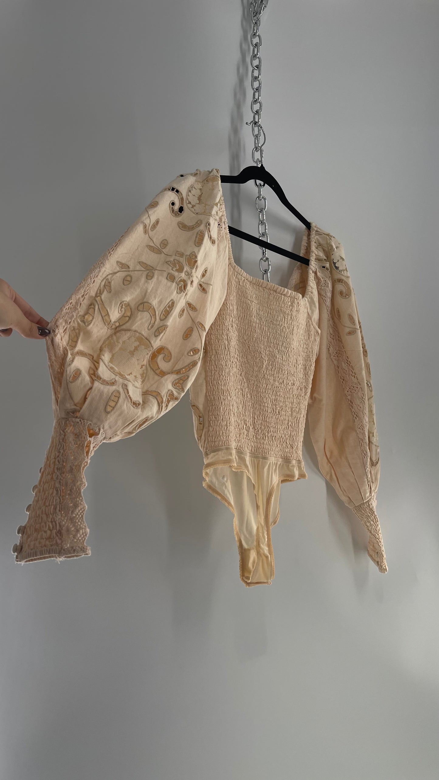 Free People Cotton Embroidered Lace Balloon Sleeve with Smocked and Buttoned Cuffs (Small)