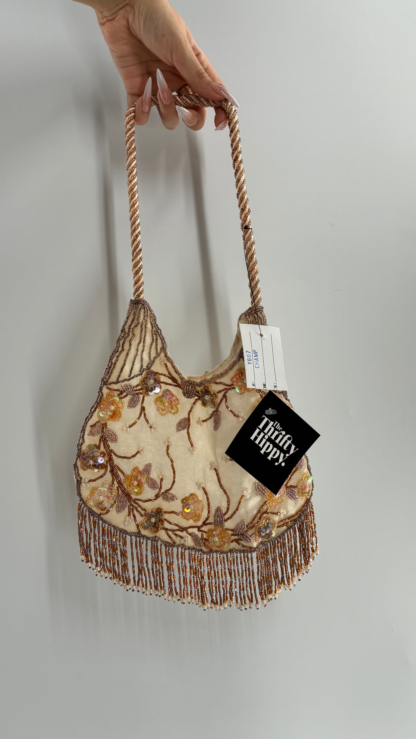 Vintage Deadstock Beige Beaded Fringe Purse with Embroidered Beaded Florals