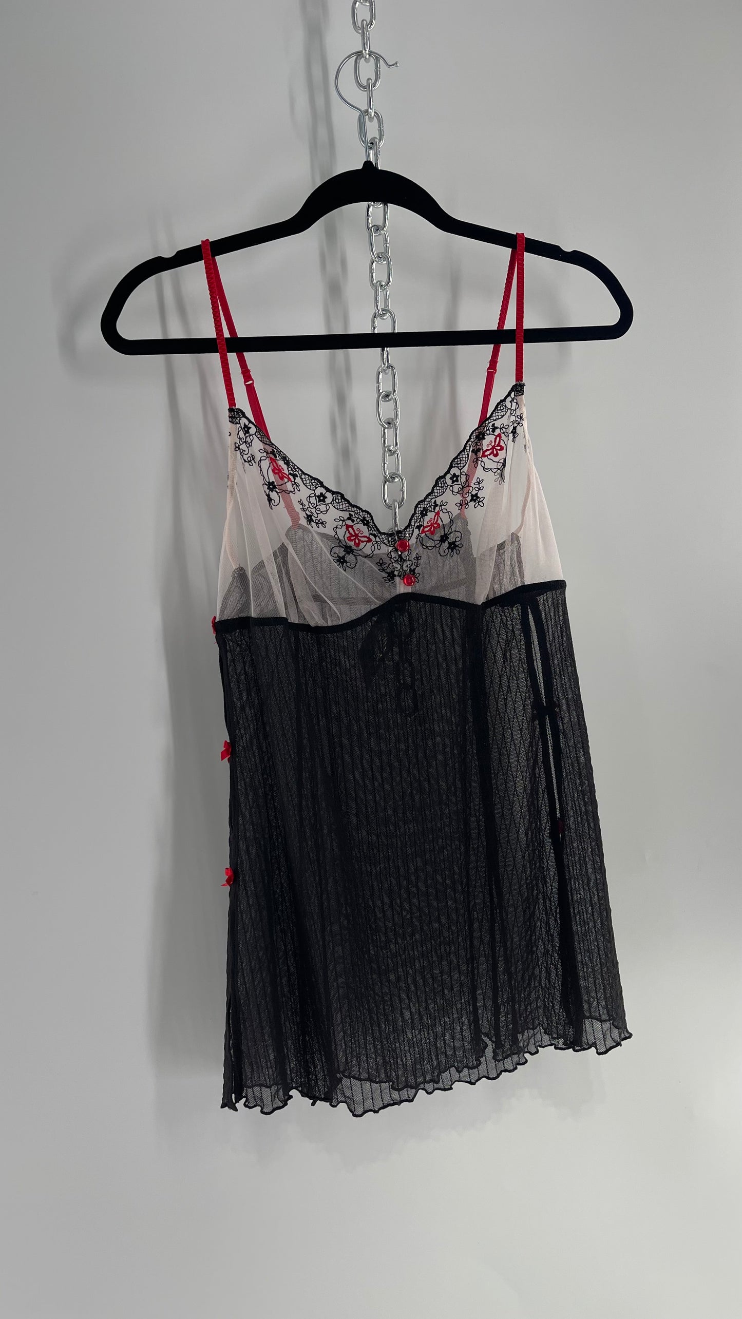 Vintage Victorias Secret Black, White, Red Sheer Babydoll with Bows, Embroidery and Butterflies (Large)