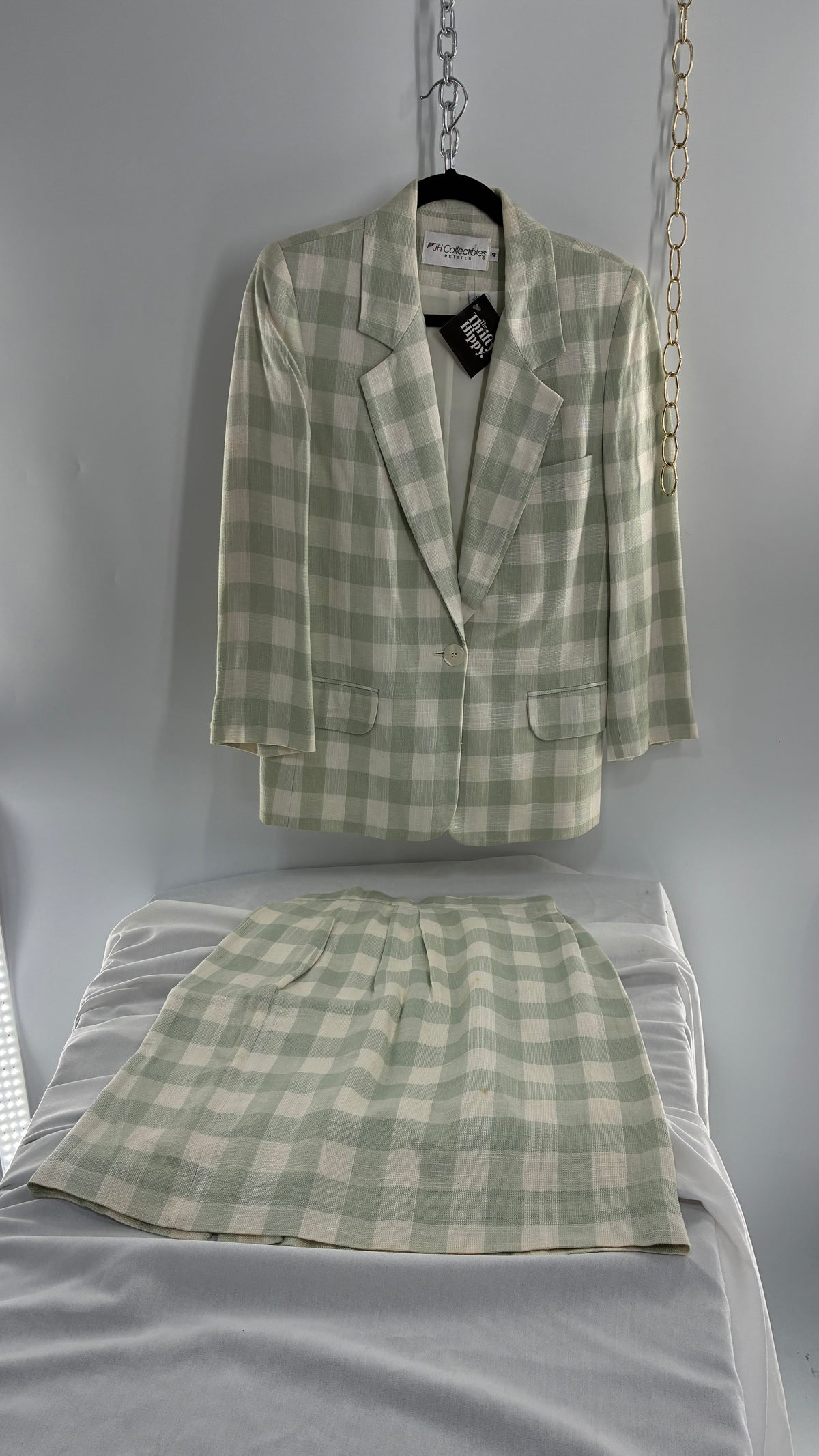 Vintage JH COLLECTIBLES 100% Rayon, Sage Gingham Suit Set (6 Skirt, 4 Blazer)