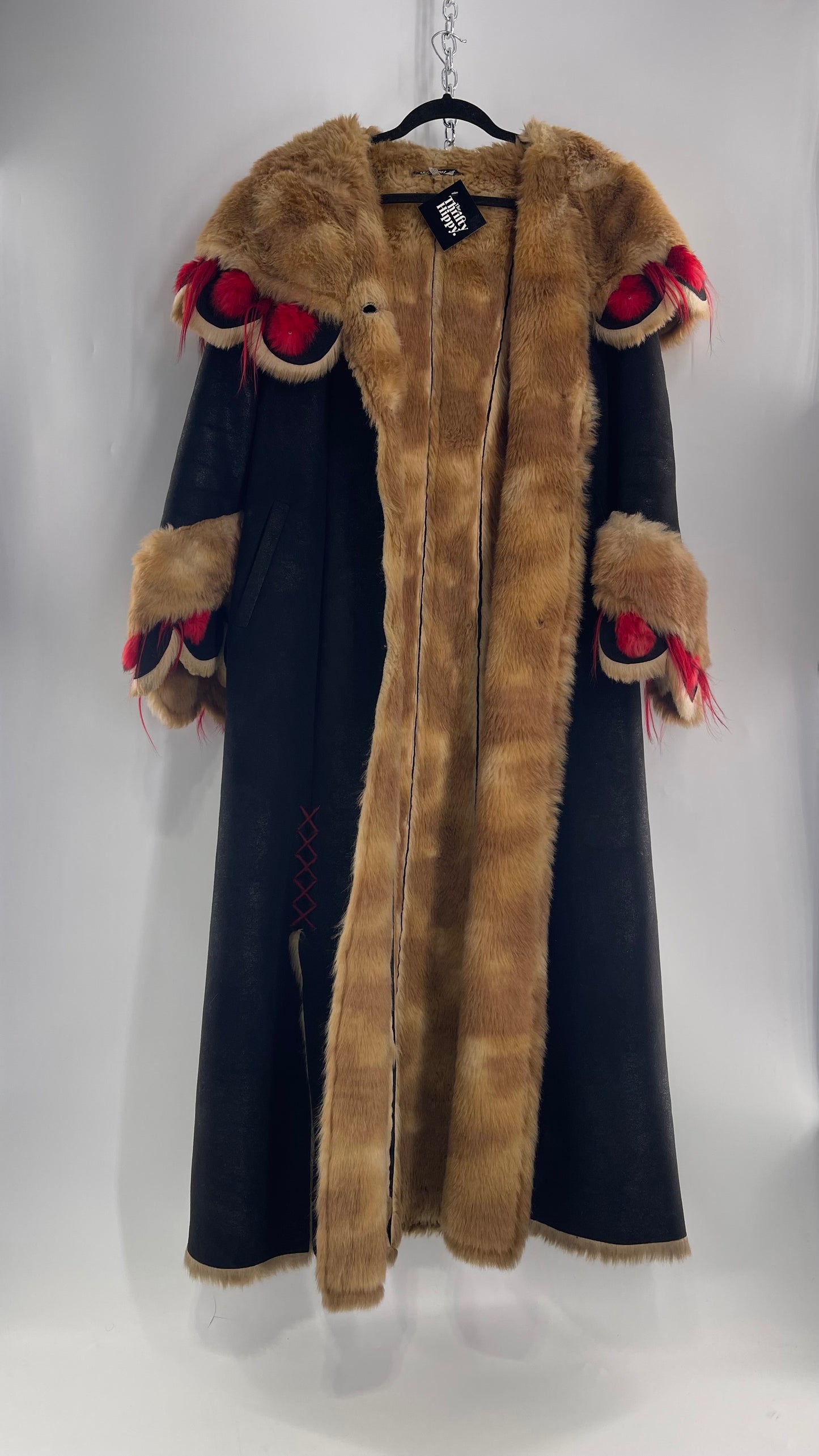 Vintage Russian Black Coat with Brown Fur Piping/Lining, Red Feathers, Scalloped Sleeve, and Hood (Medium)