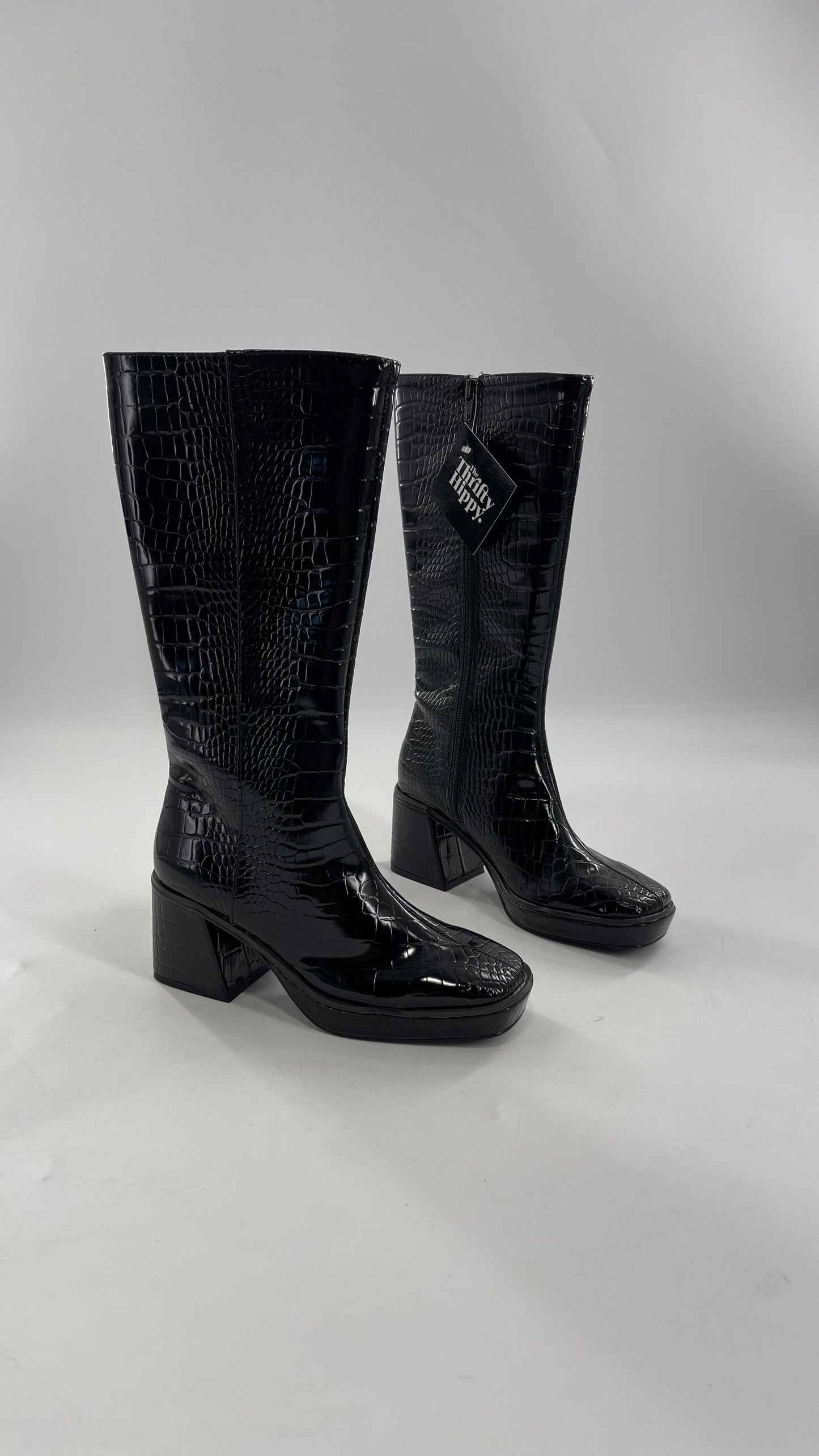 Urban Outfitters Black Crocodile Embossed Knee High Heel Boots (6)