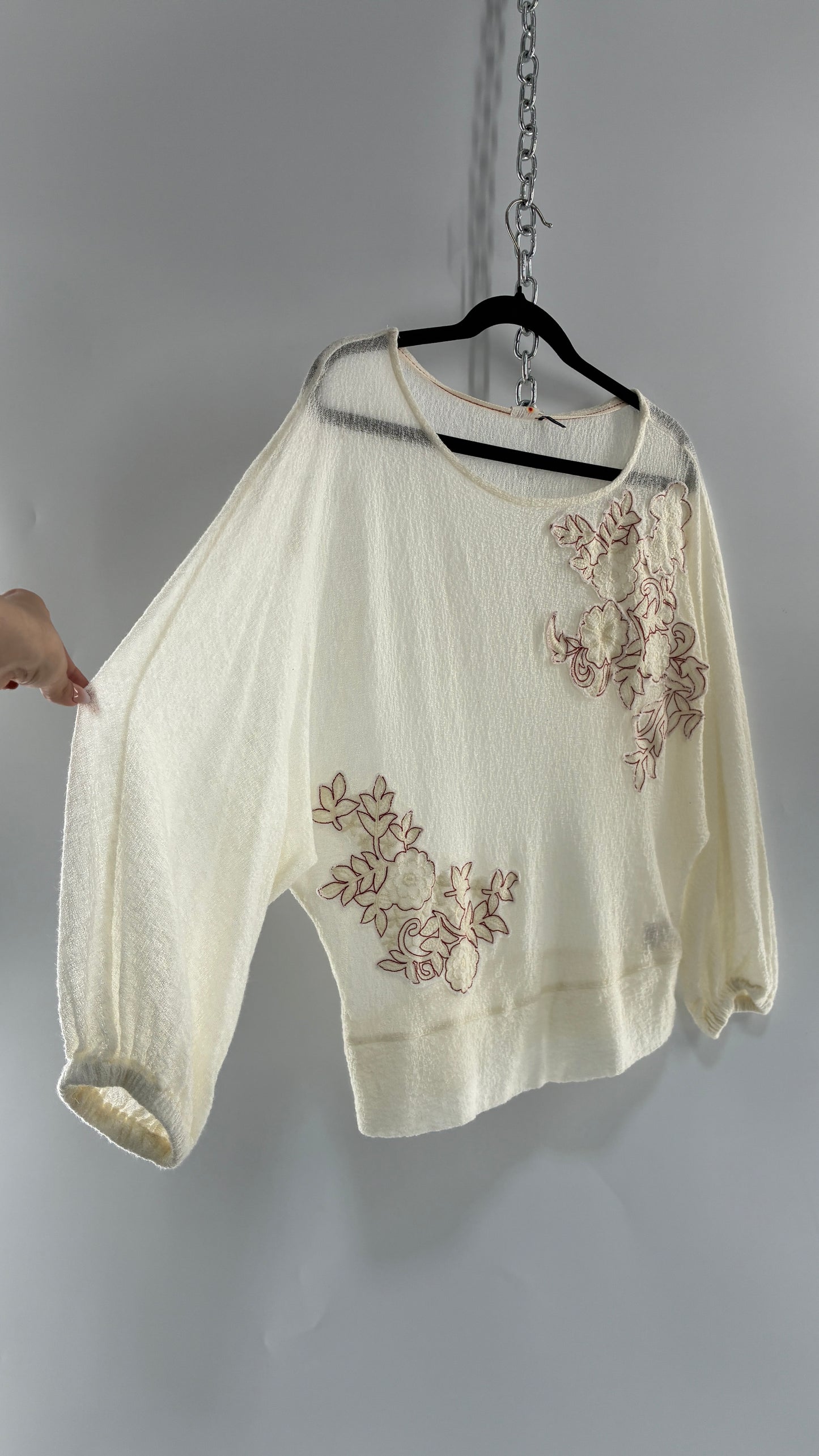 Vintage AKEMI + KIN 30% Wool Off White Gauze Blouse with Embroidered Appliqués (Medium)