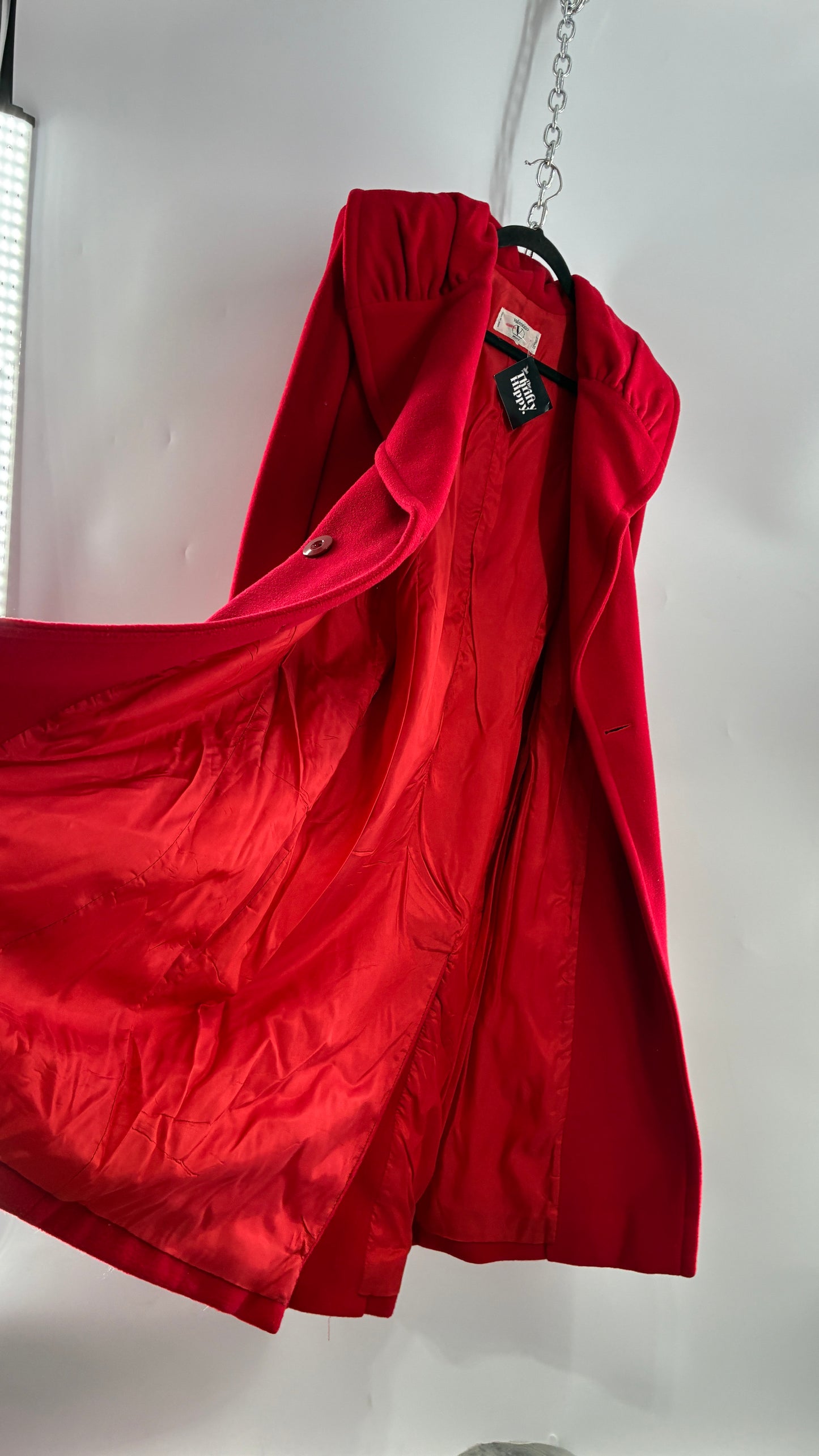 Vintage VALENTINO Miss V Red Sweeping, Tie Back and Pleated/Draped Collar Coat