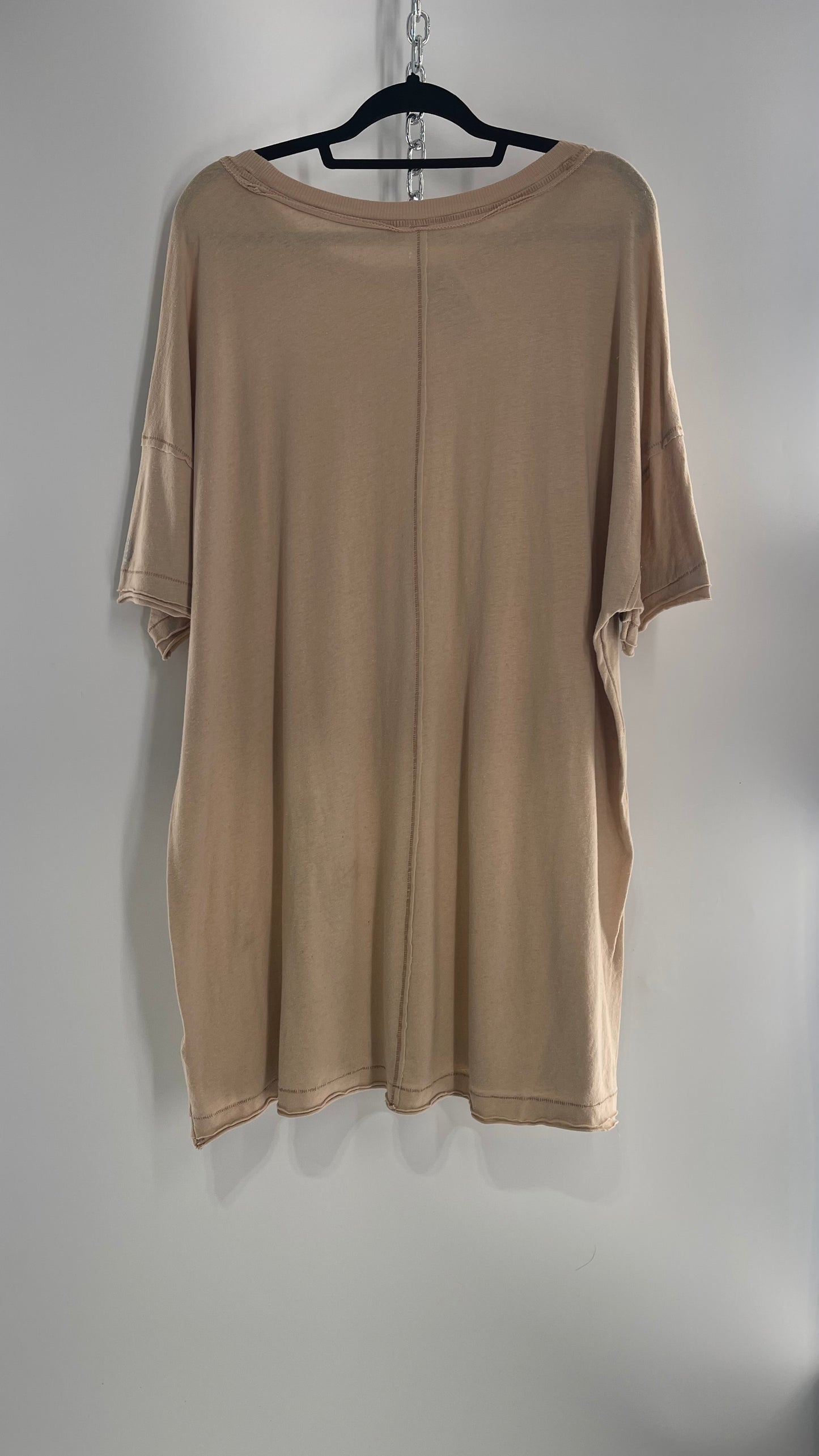 Free People Movement Oversized Light Beige Short  Sleeve T-Shirt with Slit Embroidered Detail (Size XS)