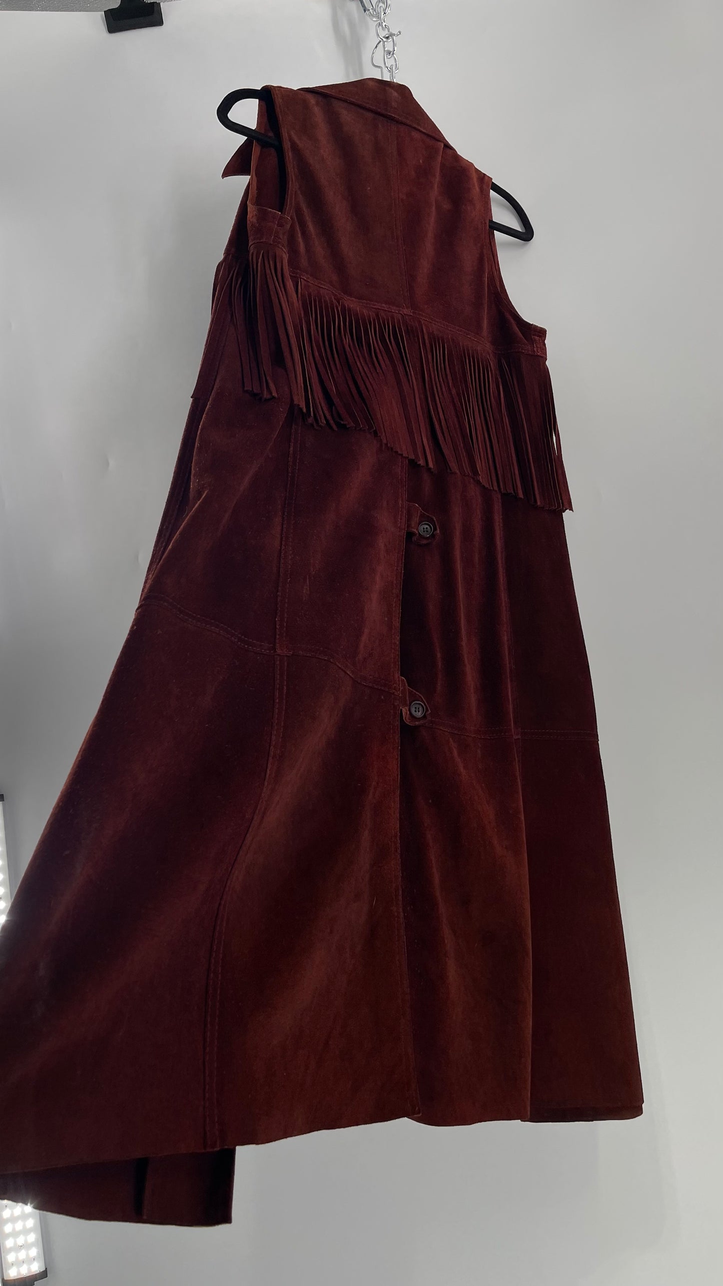 Vintage 1970s Suede Leather Full Length Reddish Brown Vest (S/M)