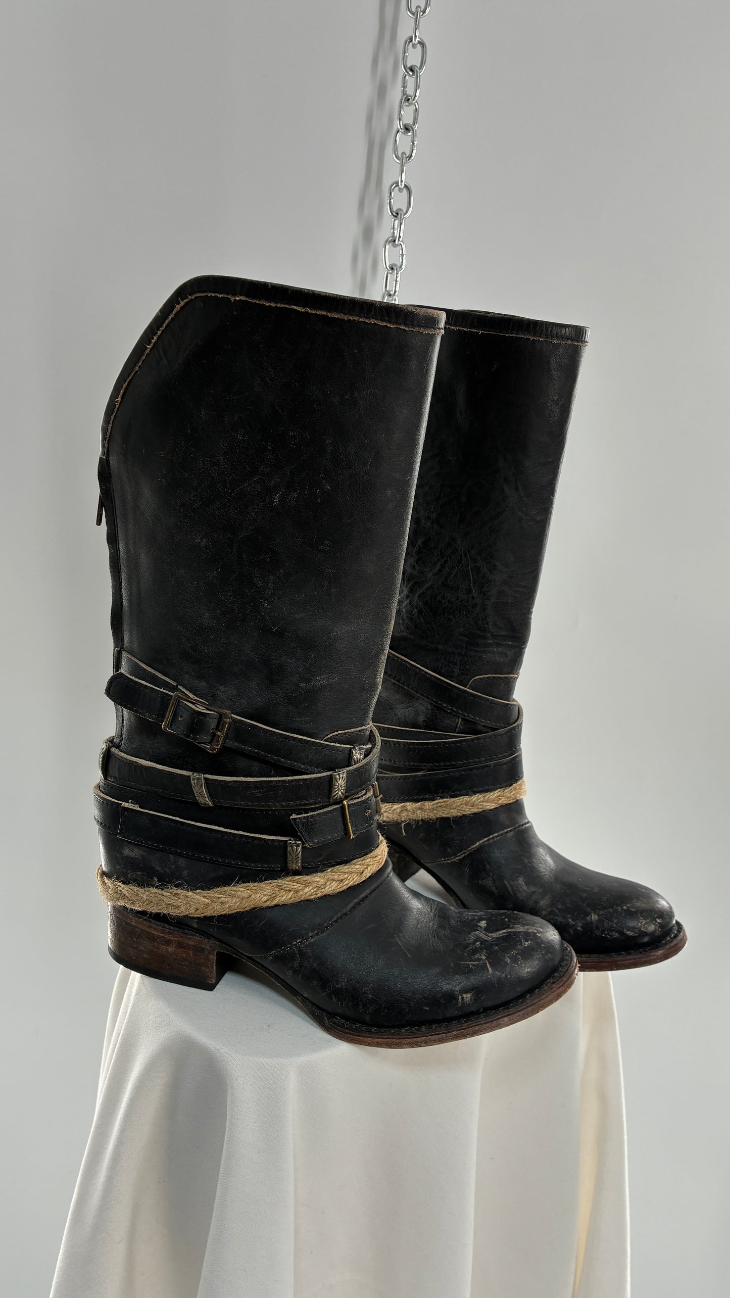 Vintage FREEBIRD Drove Distressed Black Leather Boot with Buckle Detailing (8)