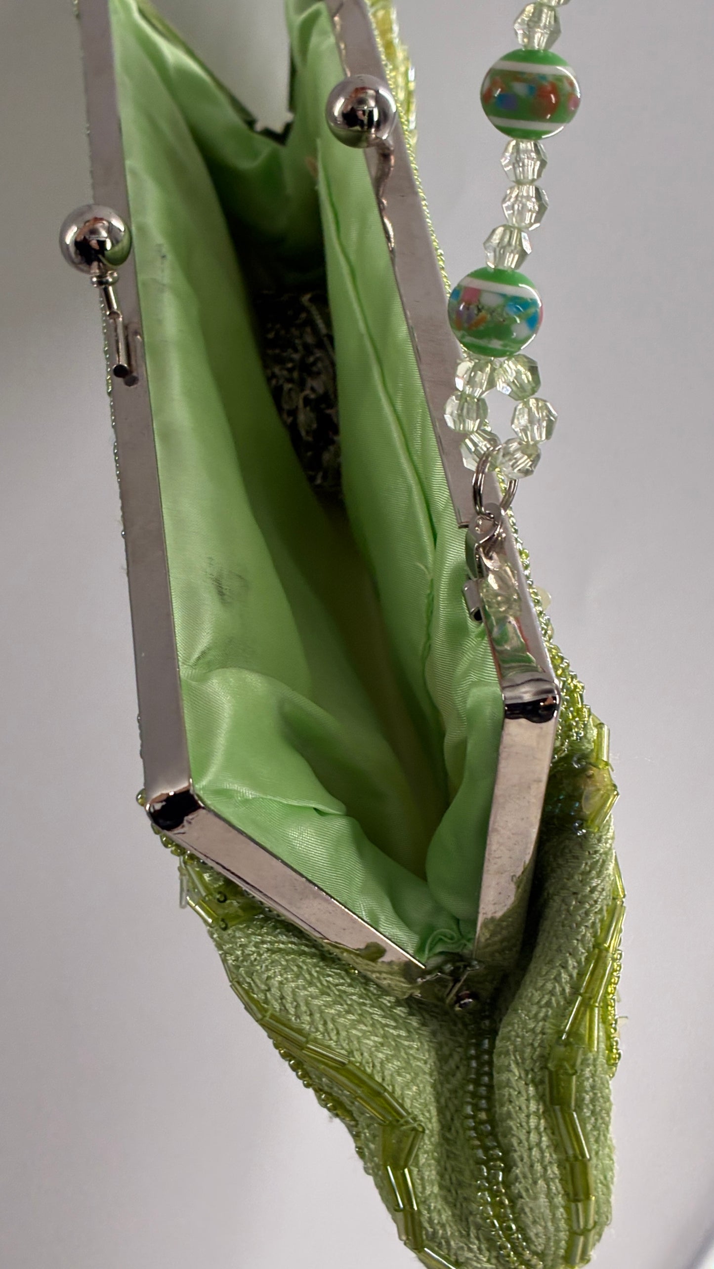 Vintage 1990s Light Green Knit Shoulder Purse with Sequins and Beaded Details