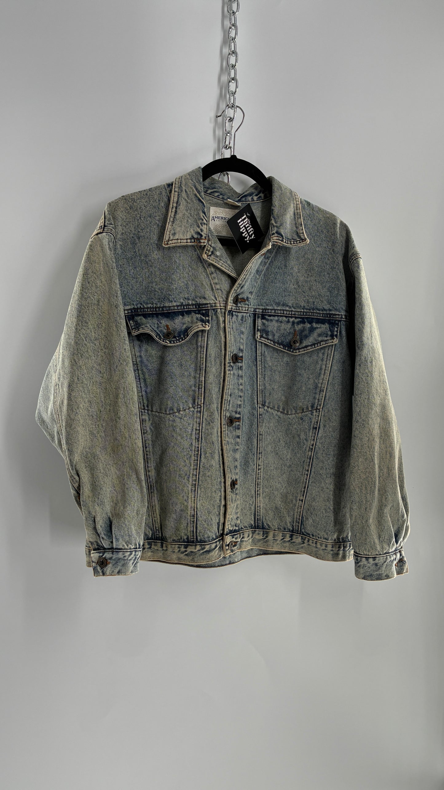 Vintage American Pacific Acid Wash Denim Jacket with Floral Patterned Cuffs (Large)