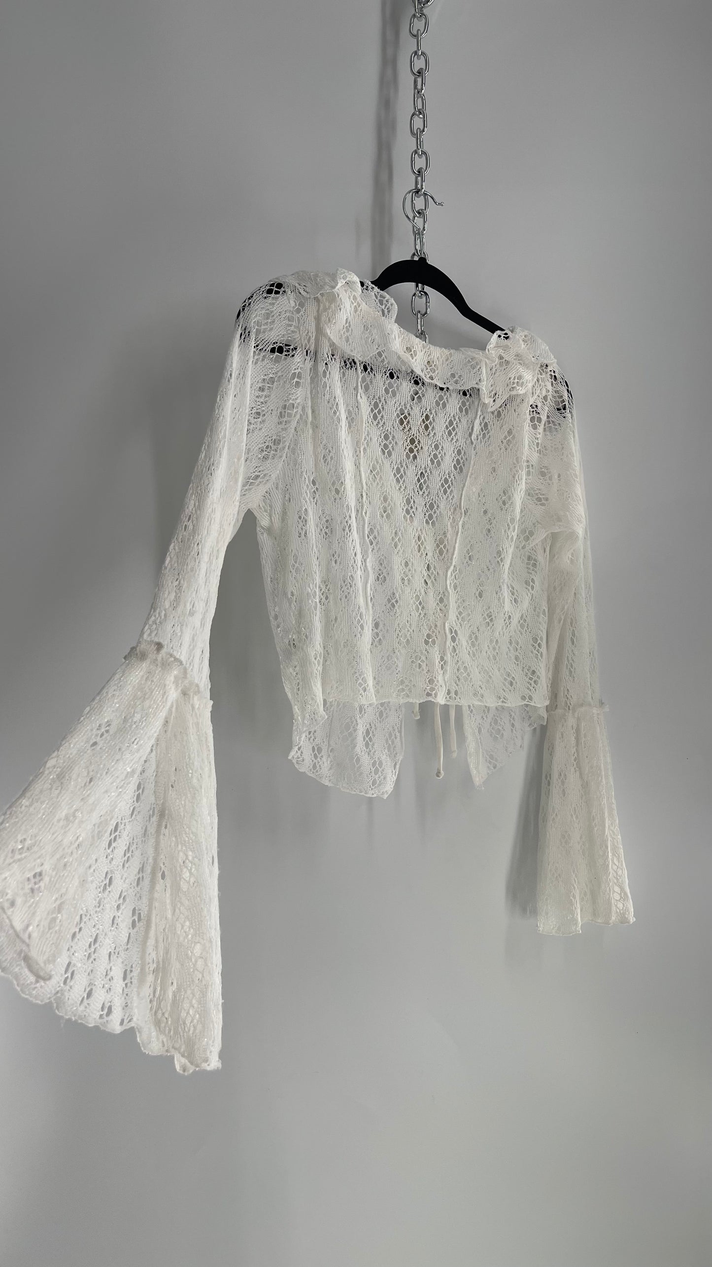 Urban Outfitters White Lace Bell Sleeve, Ruffled Neckline, Tie Bust Blouse (XL)