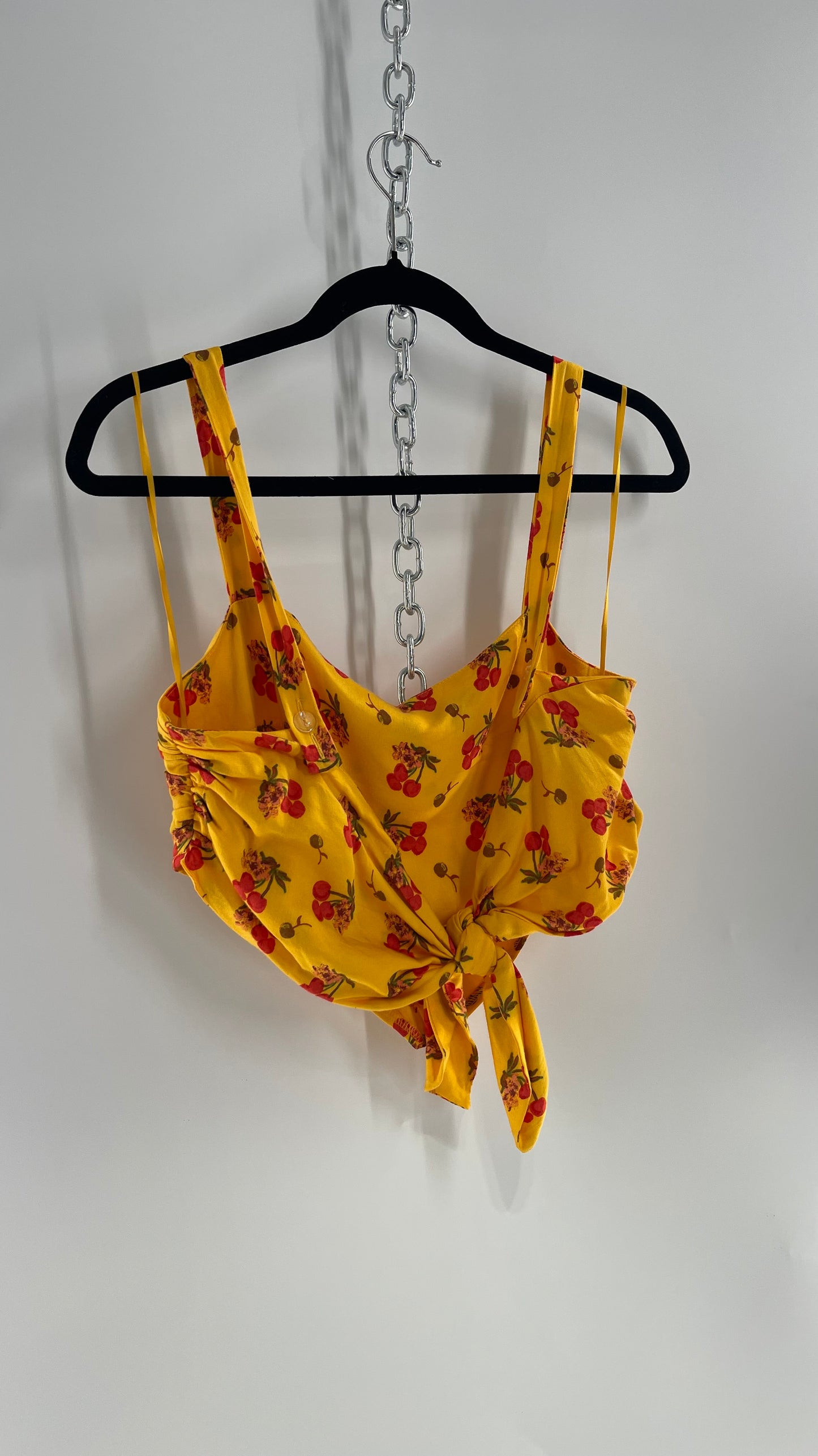 Urban Outfitters Yellow Cherry Printed Crop with Tie Back (Large)