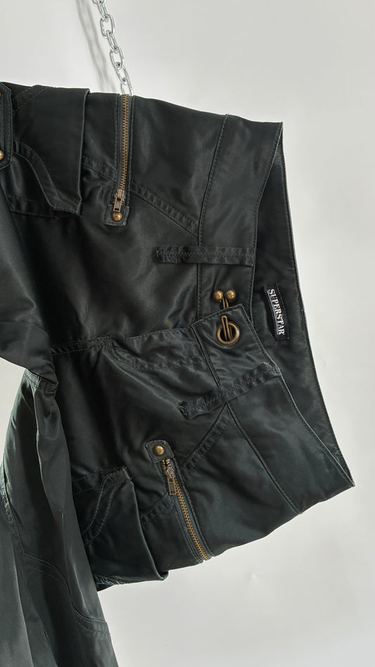 Vintage SUPERSTAR Shiny Low Rise Black Cargos with Heavy Brass Hardware, Zippers and Closure (36)
