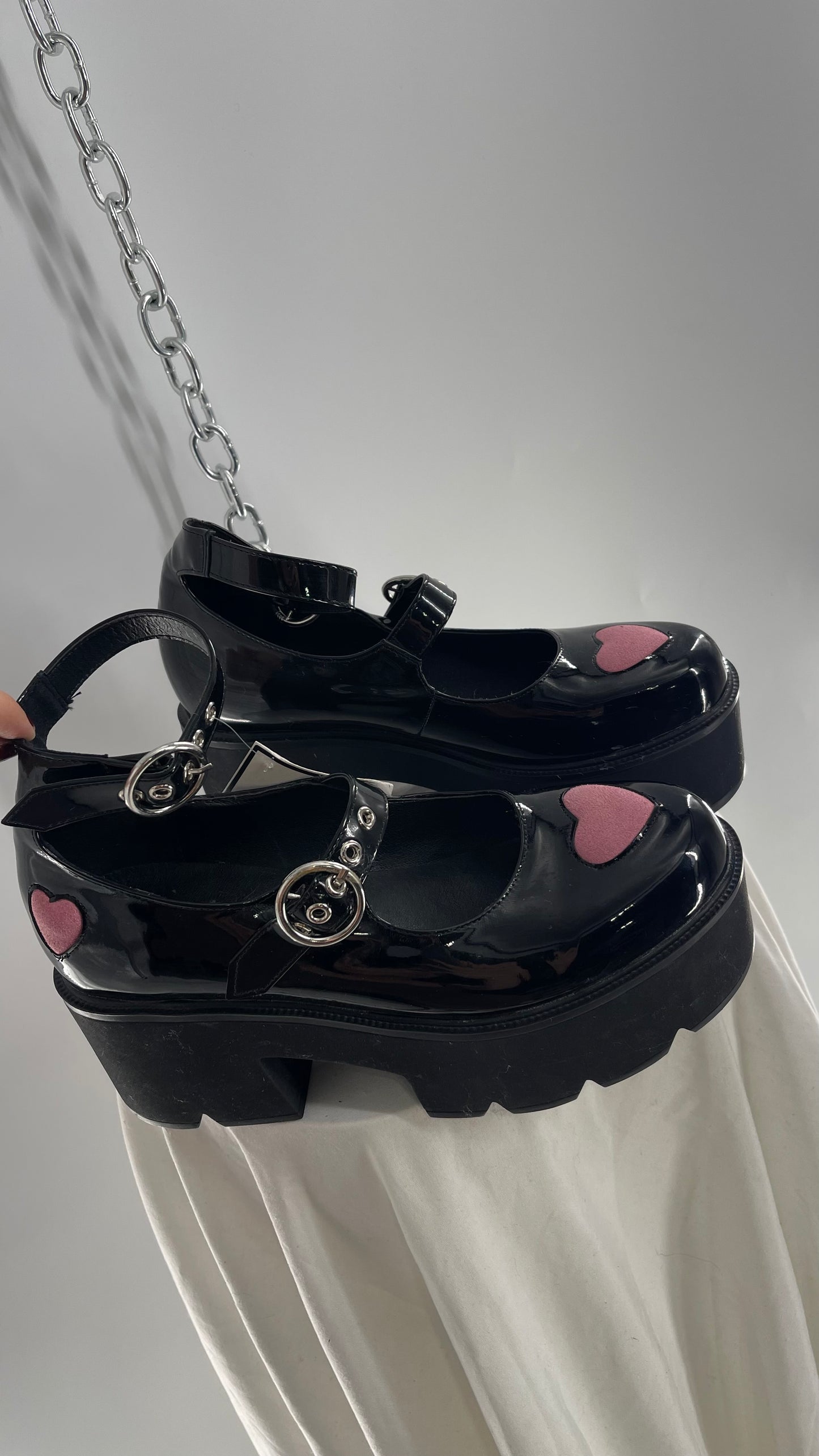 LaModa Ironic Black Patent Multibuckle Mary Jane with Pink Hearts (8)