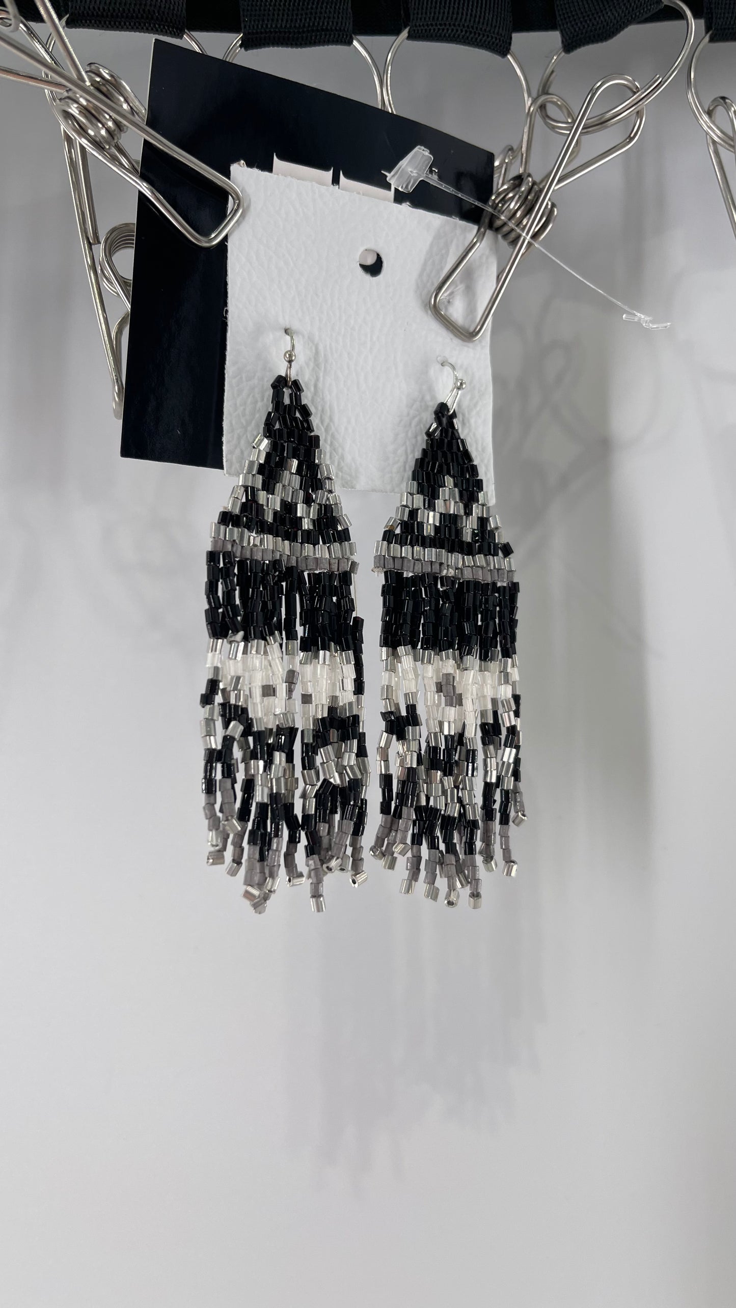 Free People Beaded Bohemian Black White Silver Earring with Tags Attached