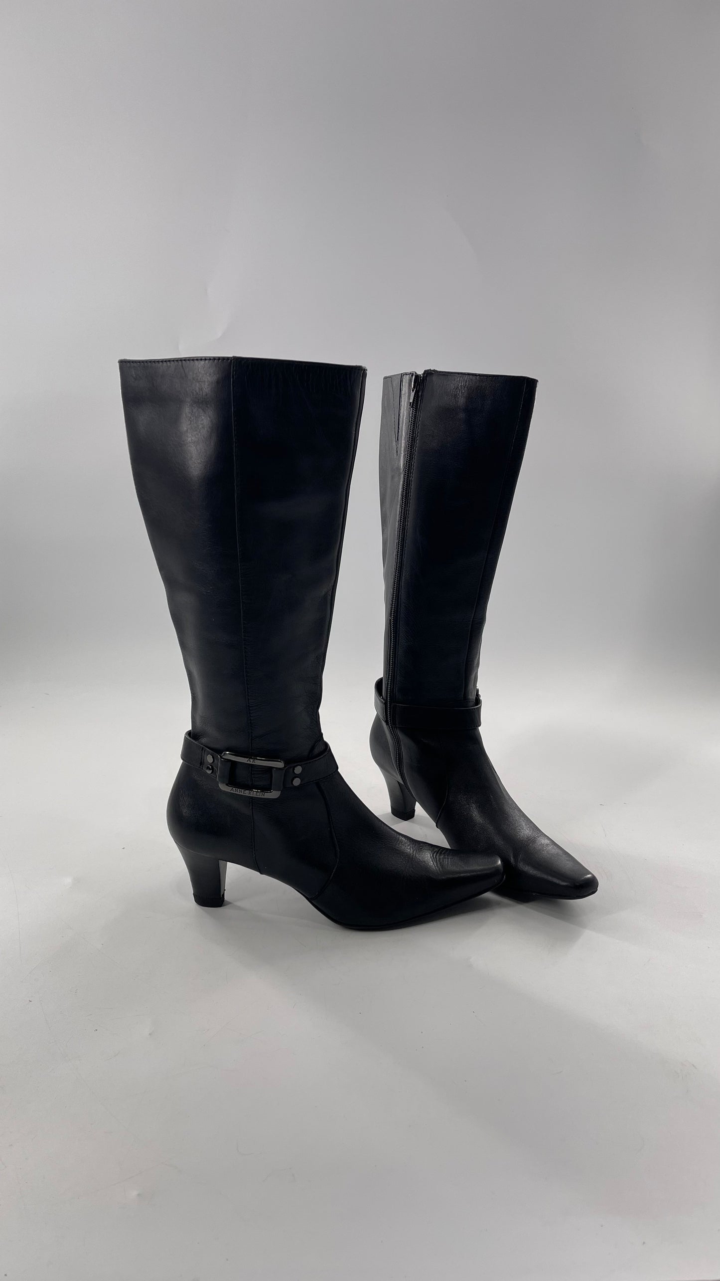 Vintage Black Anne Klein Leather Knee High Boots with Pointed Toe and Ankle Metal Buckle Detail (8)