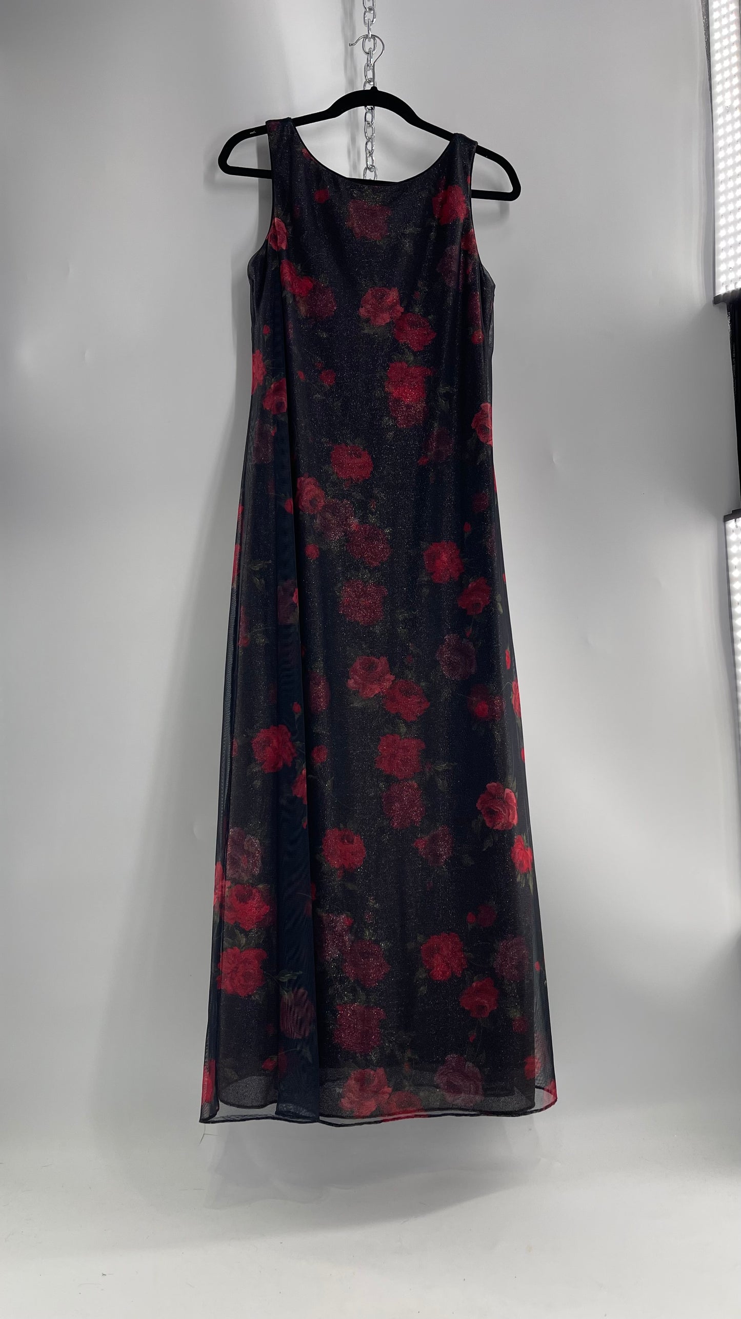 Vintage TEDDI EVENING Dress with Red Rose Layer Over Glitter Graphic and Black Base Layer (10)