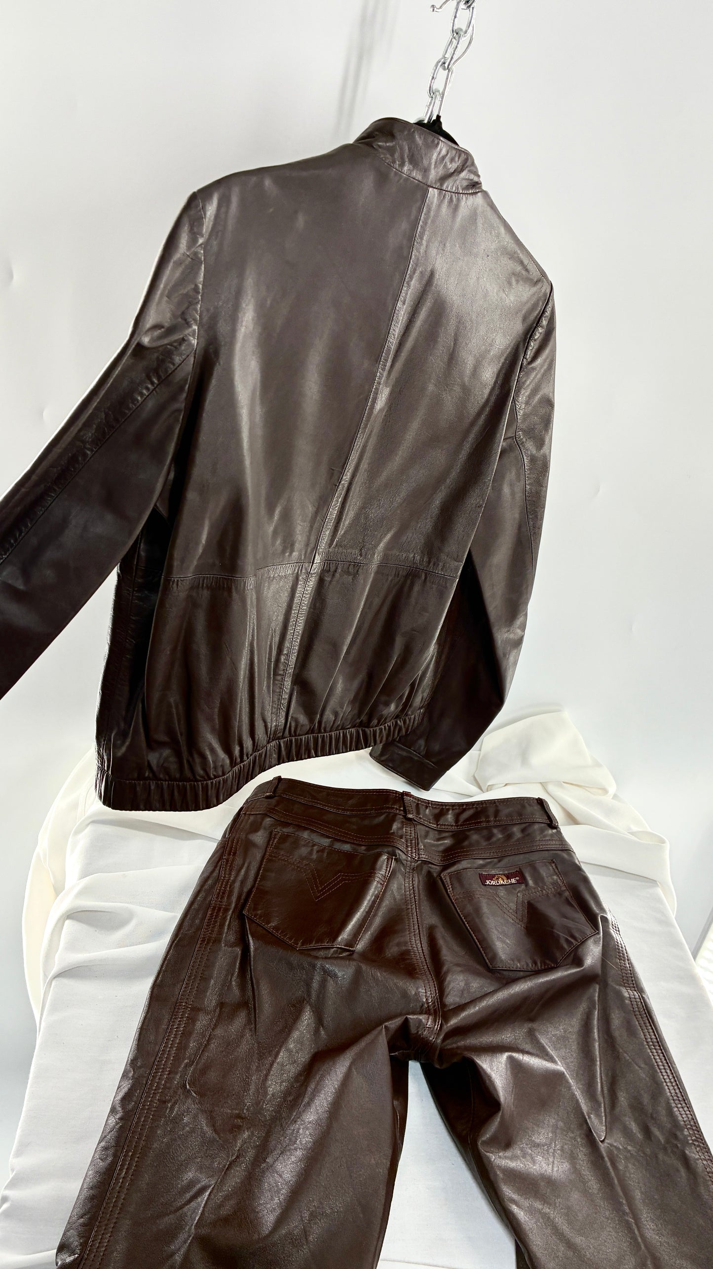 Vintage JORDACHE X CJ TODD Chocolate Brown Genuine Leather Trouser Moto Jacket Set (Small)
