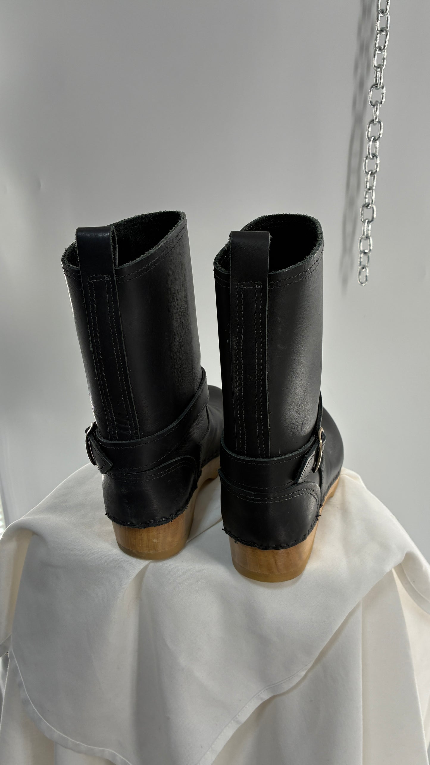 Vintage SVEN Swedish Thick Leather Black Clog Boots with Wooden Sole (38)