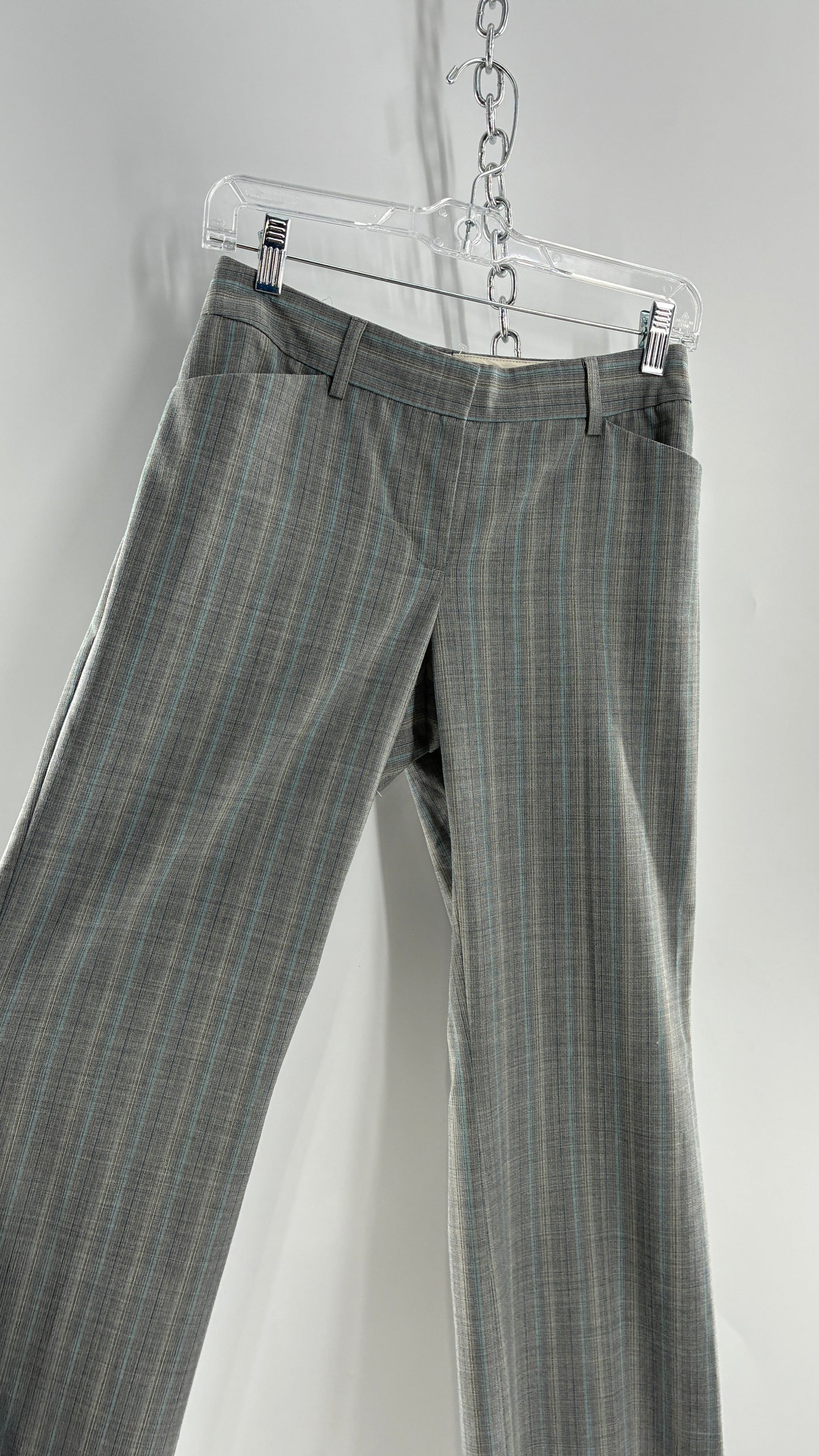 Vintage 1990s EXPRESS Editor Iconic Grey and Blue Low Rise Kickflare Pants (1)