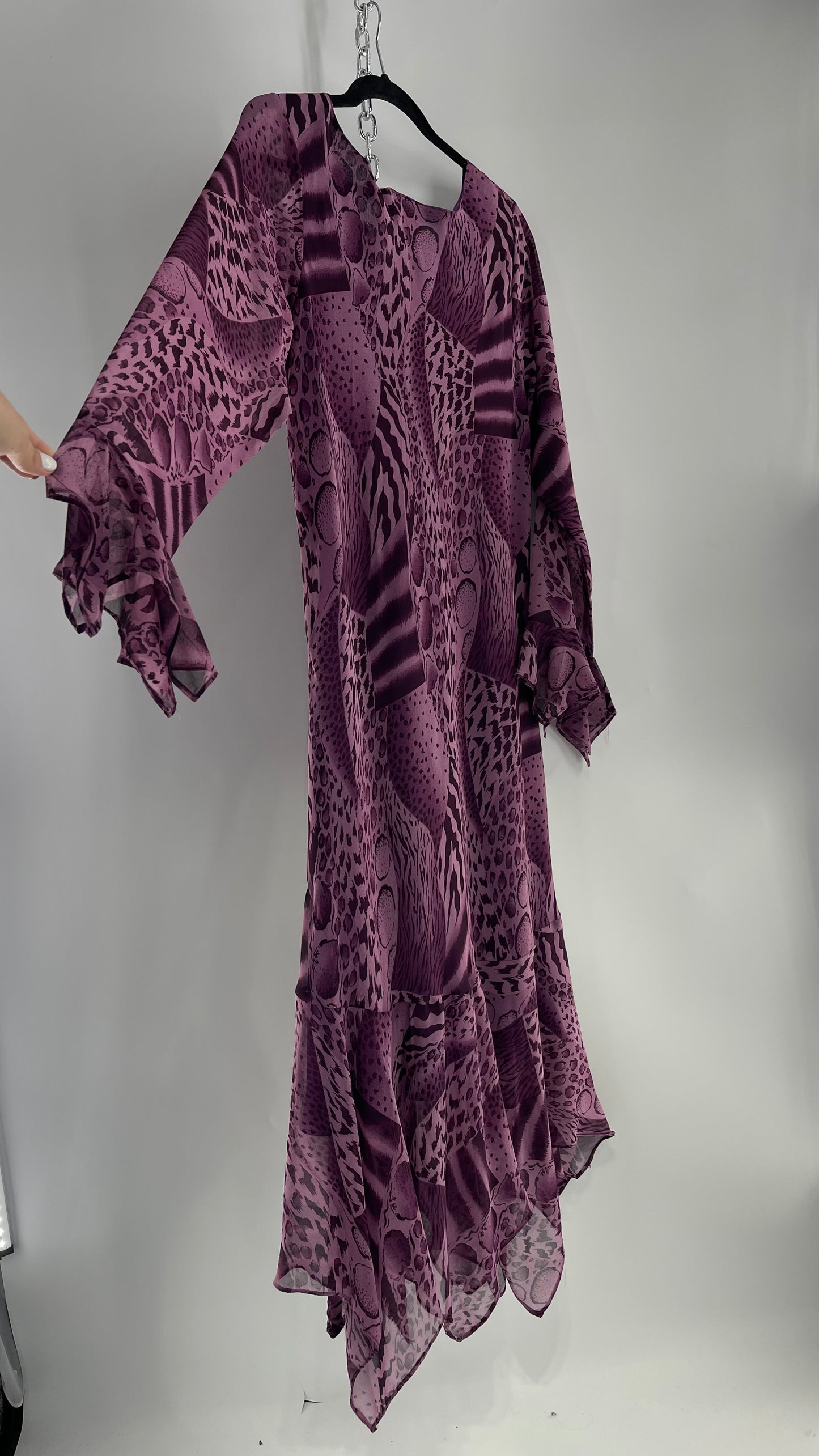 Vintage Signature JMB Suga Plum Fairy, Purple Maxi with Animal Print, Handkerchief Hem and Sleeves (XL)