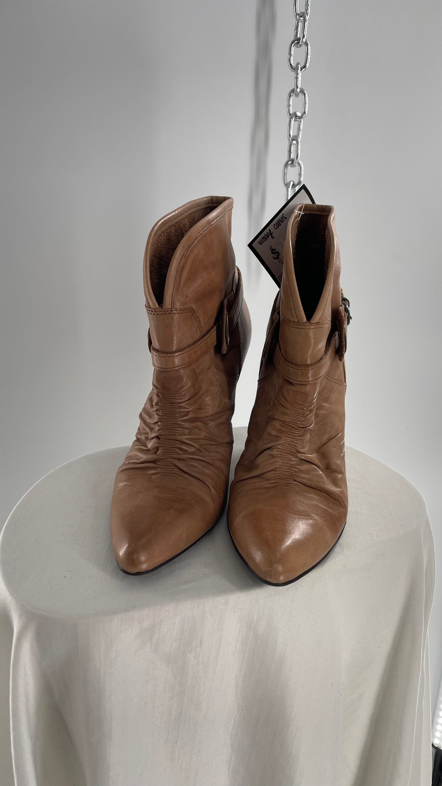 Vintage Pointed Toe Booties with Ruching and Belt Detail Made in Brazil