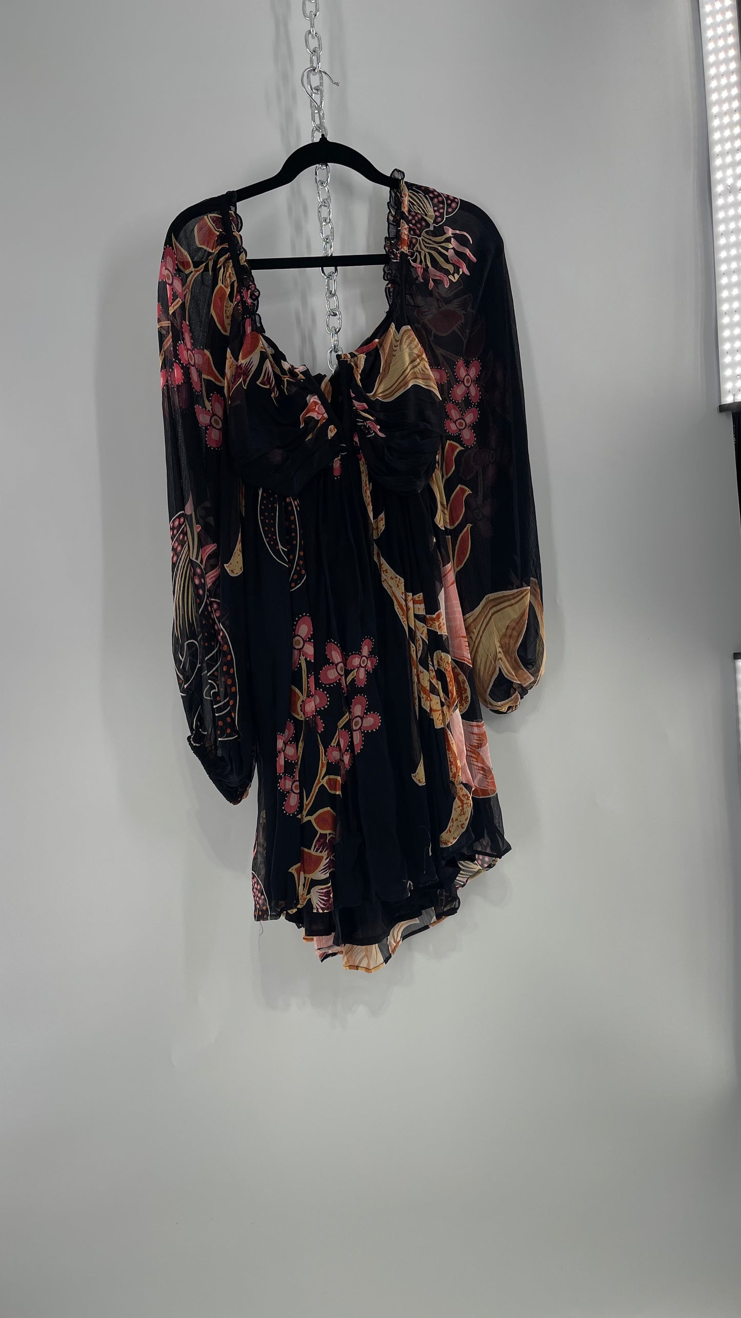 Anthropologie Let Me Be Crimped Black Chiffon Pink Floral Patterned l Dress with Tie/Open Back Detail and Tags Attached (Small)