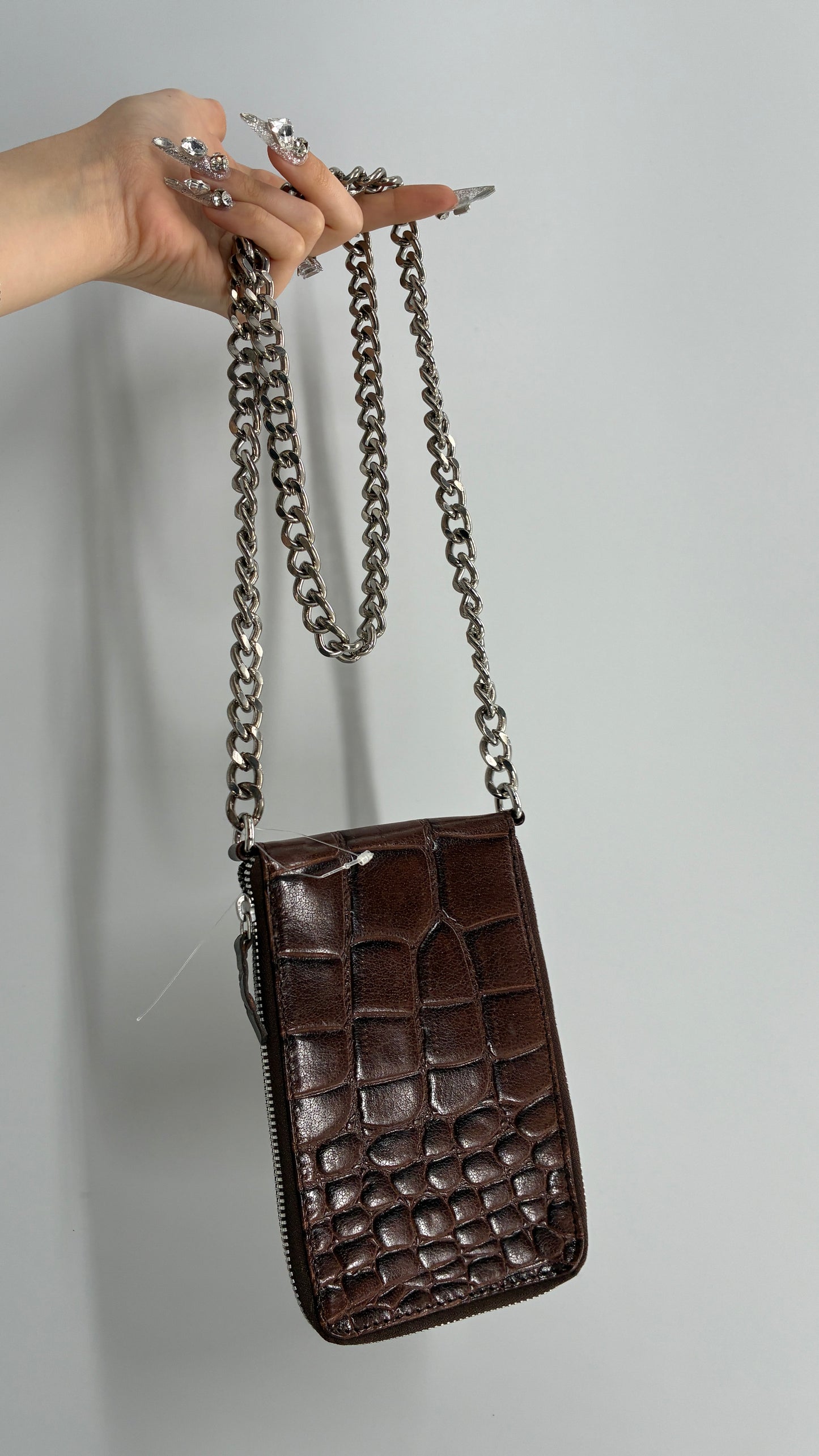 Free People Brown Crocodile Embossed Leather Phone Case Purse