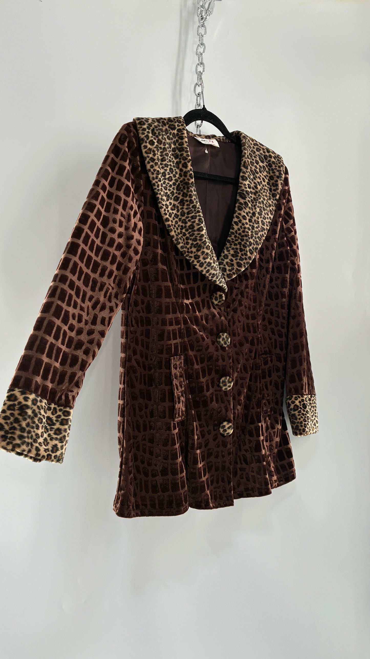 Vintage LINE #1 1990s Cheetah Print Velour Overcoat with Collar, Cuffs, and Oversized Buttons (XL)