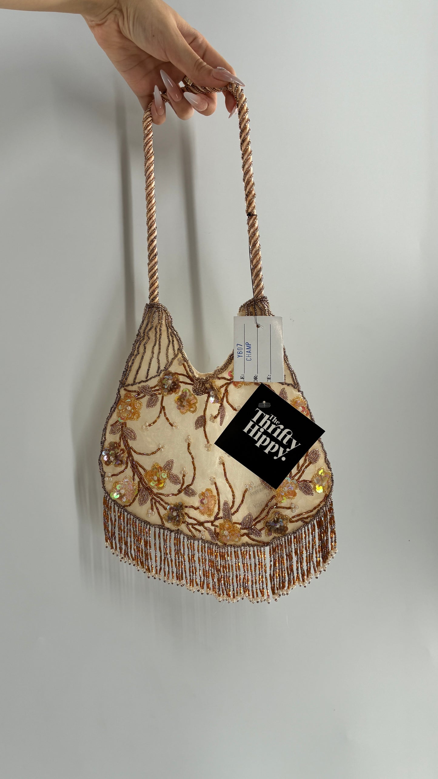 Vintage Deadstock Beige Beaded Fringe Purse with Embroidered Beaded Florals