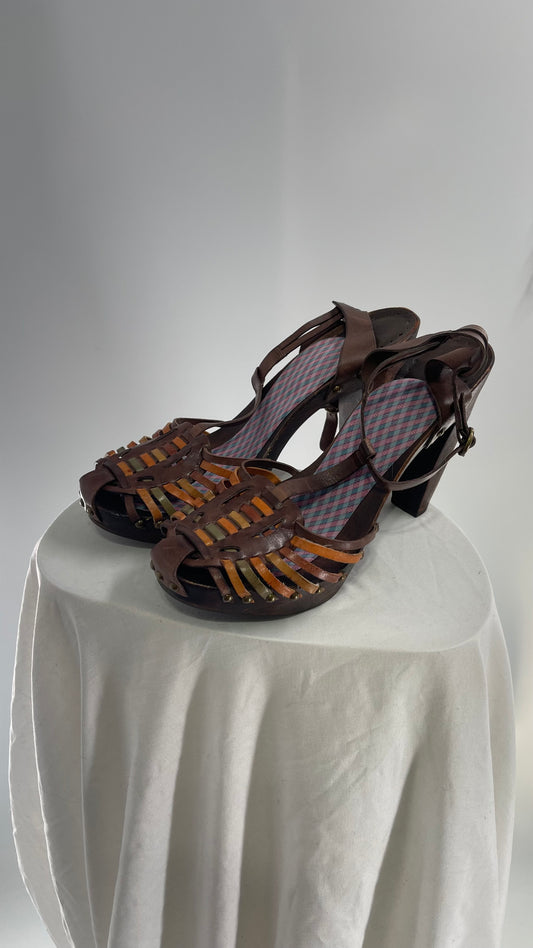 Vintage 1990s BCBGIRLS Wooden Clog Heel with Leather Woven Front (41)