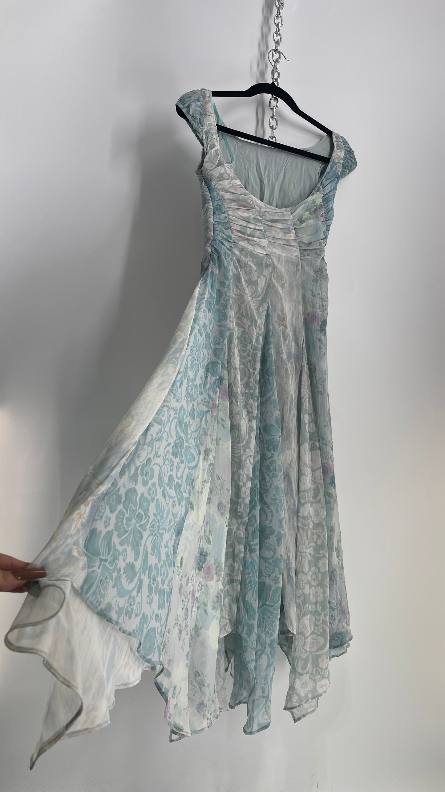 Free People Heart to Heart Blue Ruche Bust Handkerchief Hem Gown (0)