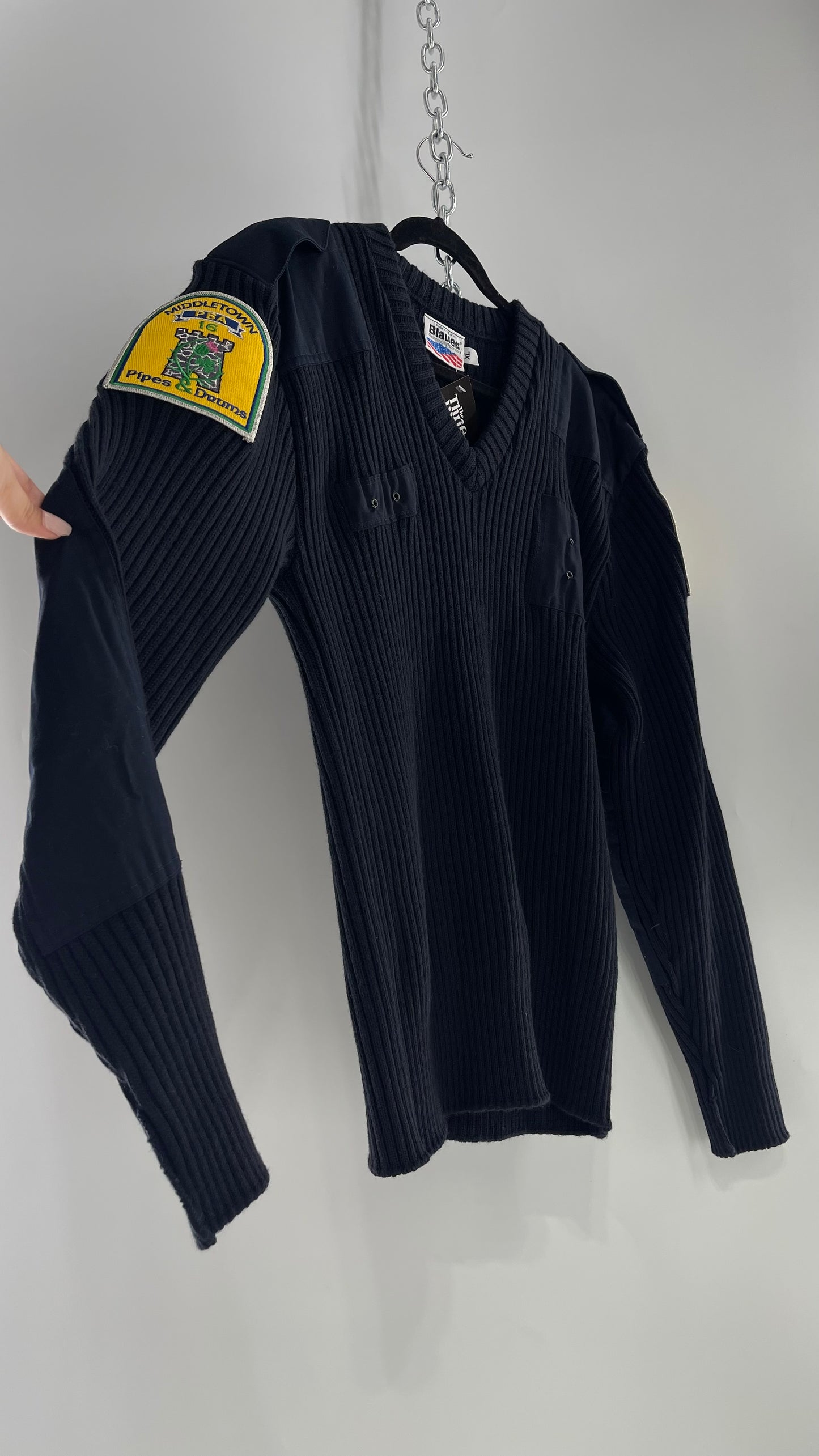 Vintage Pipes & Drums Navy Blue Ribbed Heavy Knit Sweater with Arm Patches and Badges (XL)