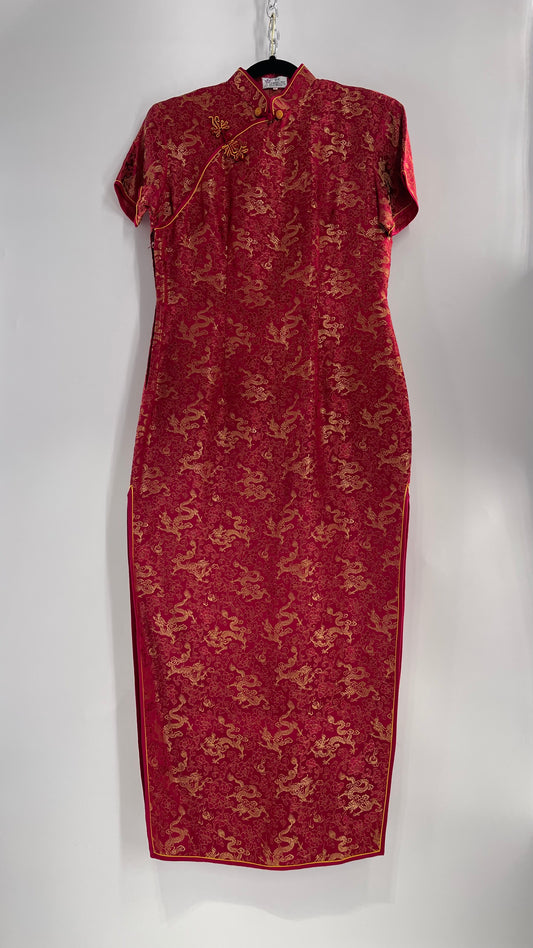 Vintage 1980s Chinese Red Silk Dragon Motif Printed/Embroidered Qipao (XL)