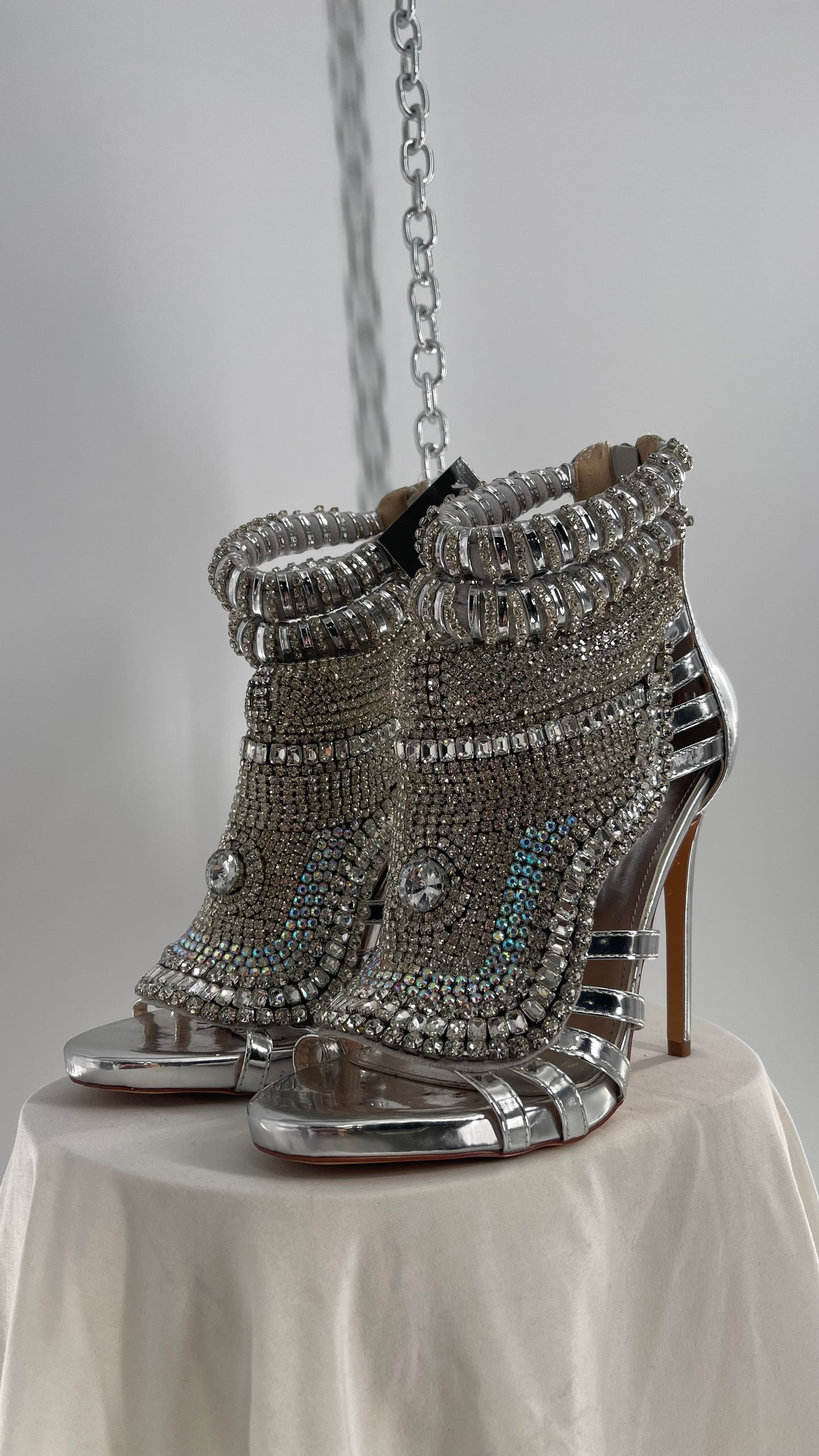 AZALEA WANG Platinum Silver Pusher Crystal Rhinestone Embellished Heel with Ankle Straps (10)