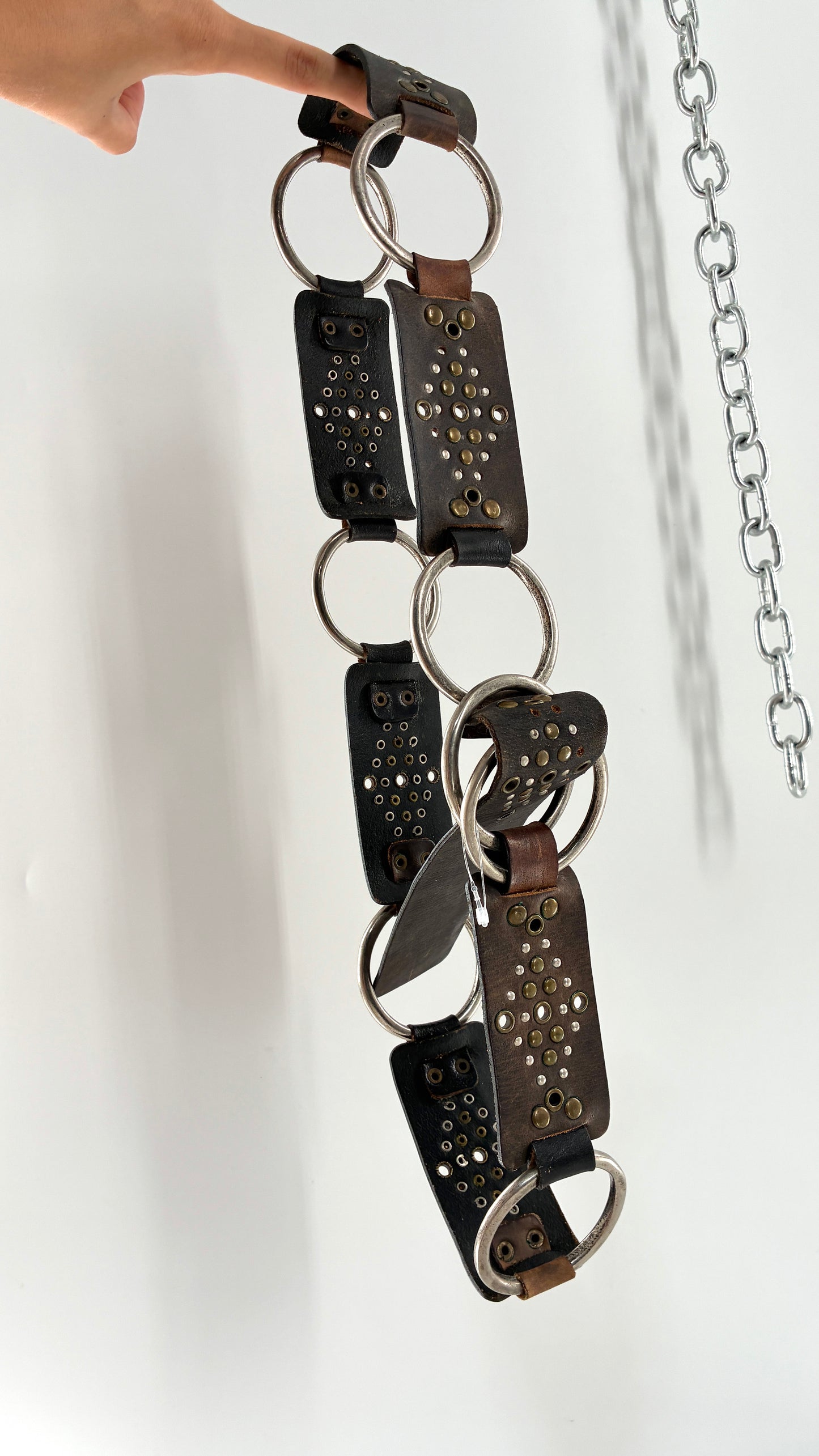 Vintage Studded Leather and Interconnected Metal Ring Belt