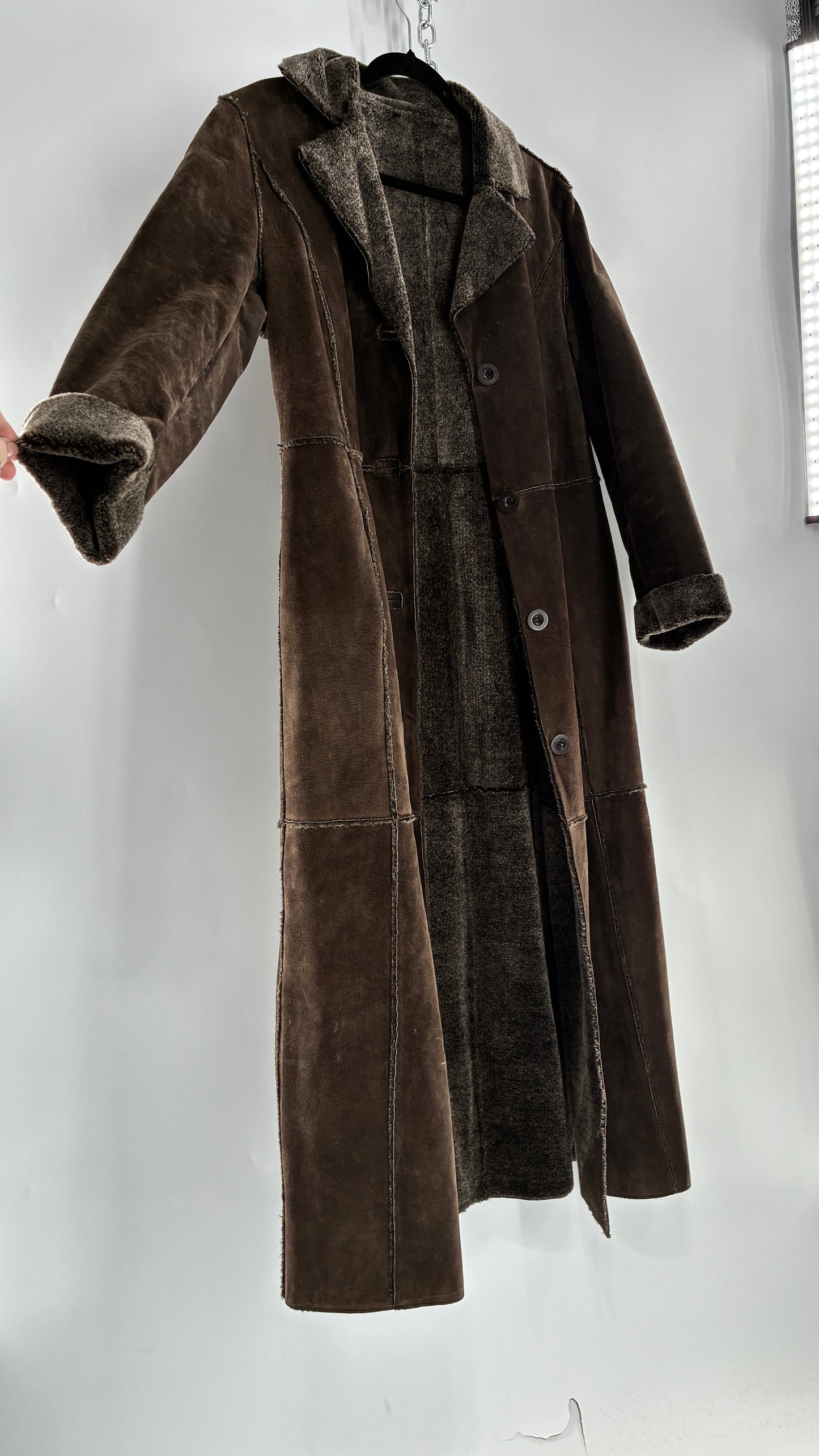 Vintage WINLIT Brown Full Length Paneled Suede Leather Coat (Small)