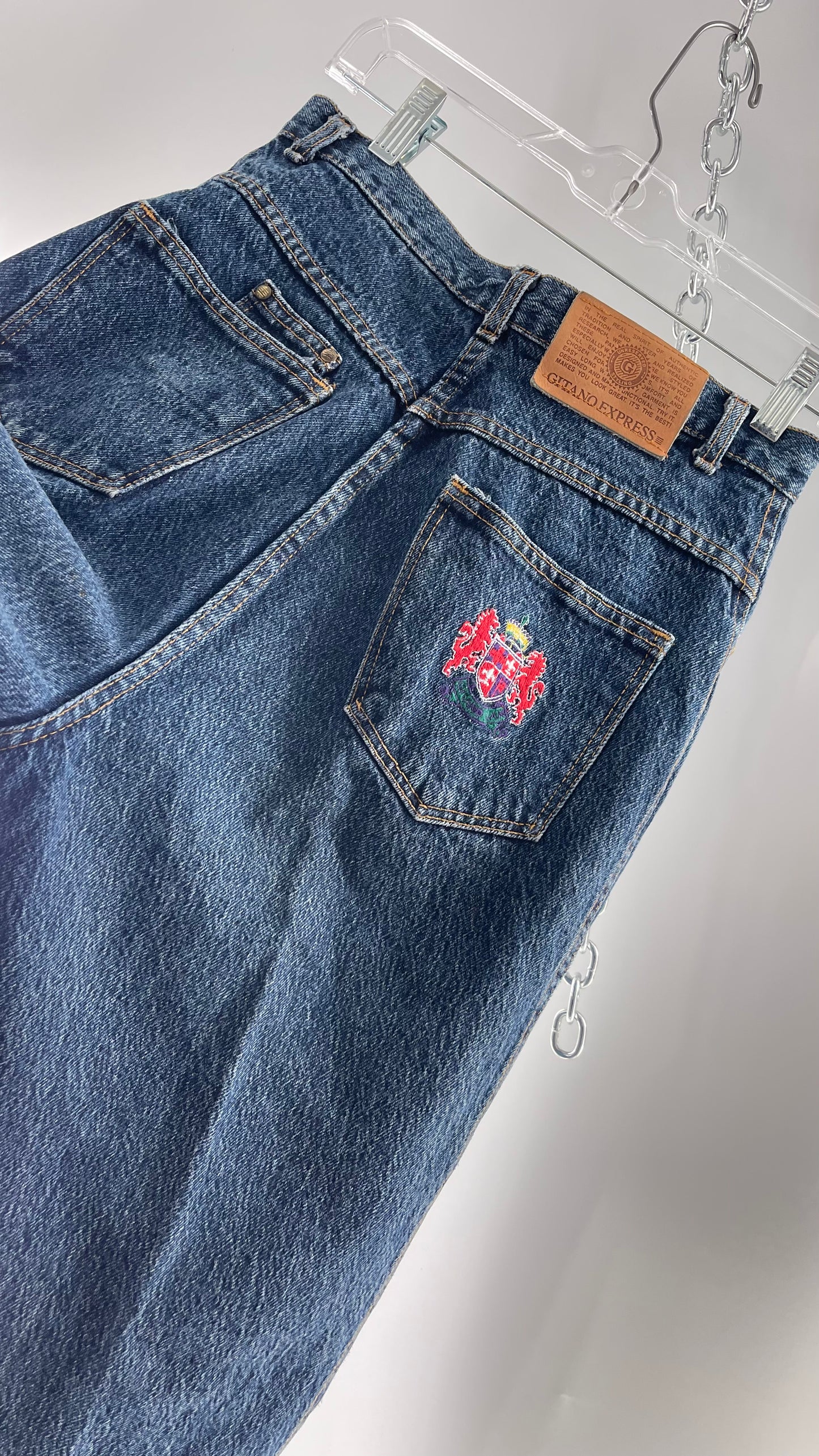 Vintage Medium Wash Ultra High Waisted Gitanos with Embroidered Crest on Back Pocket and Leather Jacron (13/14)