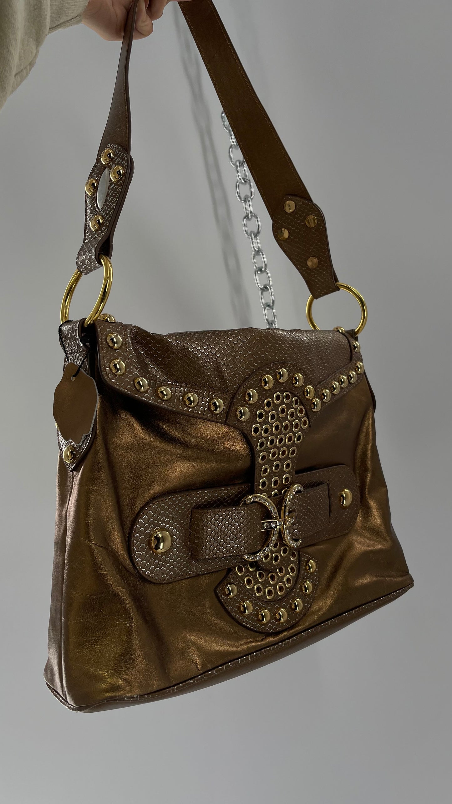 Deadstock Vintage The Find Grandeur Bronze Bag with Grommets, Gemstones, Studs and Exaggerated Buckle