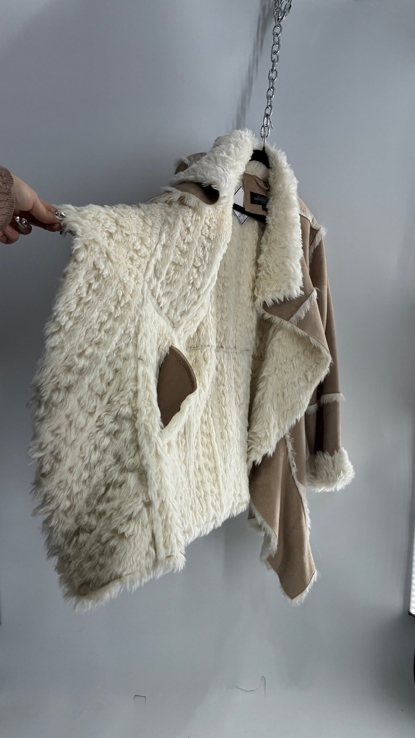 Fabulous Furs Vegan Suede Coat with Faux Fur Piping and Cuffs (Large)