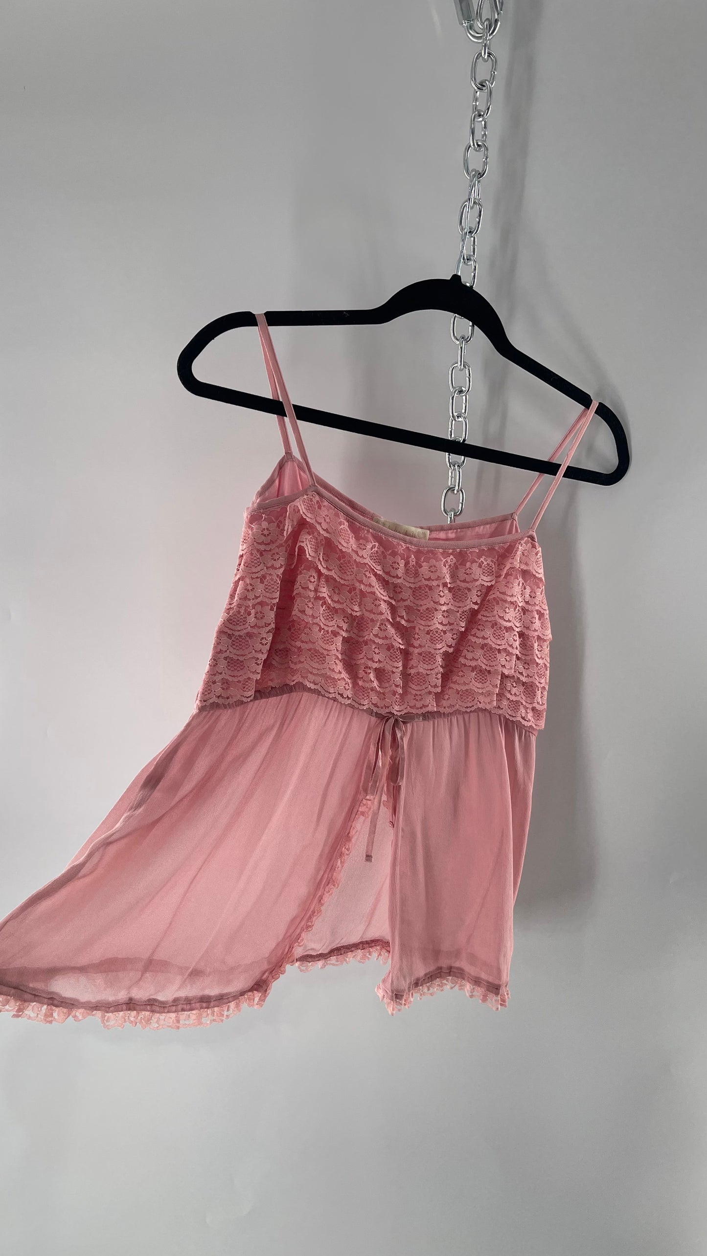 Andrew & Co NYC Deadstock Vintage Ruffled Lace Pink Tank with Bow Detail and Vented Bodice (S/M)