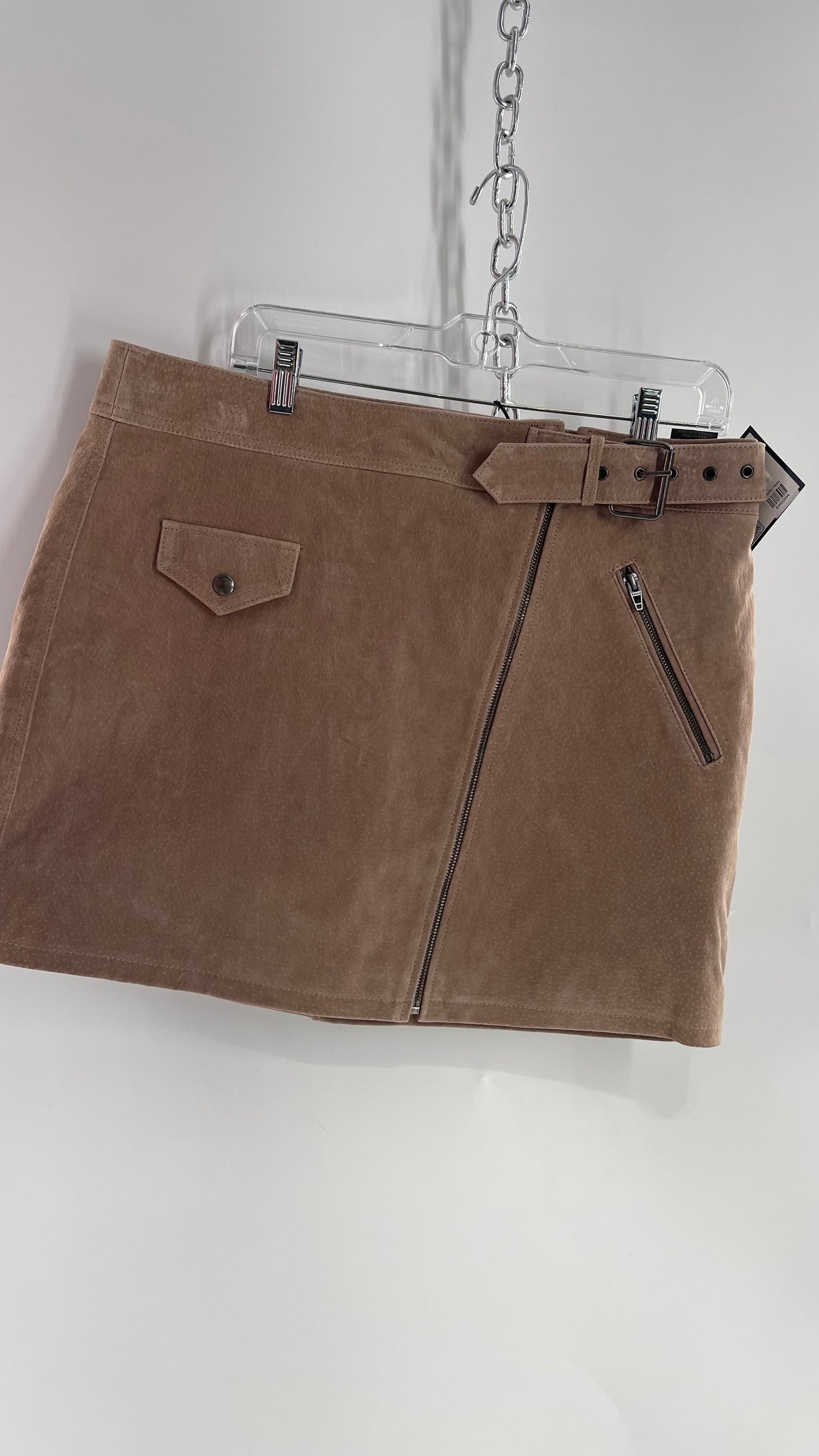 Blank NYC Taupe Tan Suede Leather Mini Skirt with Side Belt, Pocket, and Zipper Details (32)