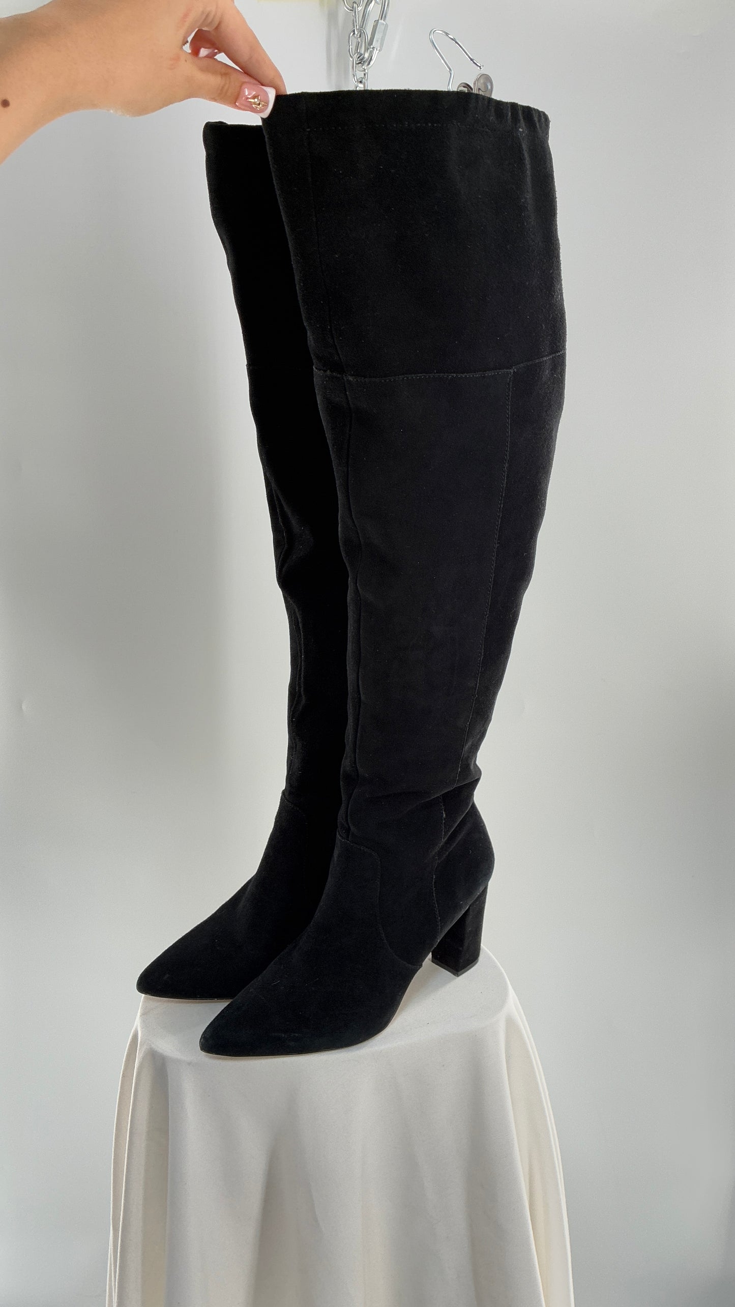 Vintage Black Genuine Suede ADRIENNE VITADINI Thigh High Pointed Toe Boots with Stud Detailing (10)