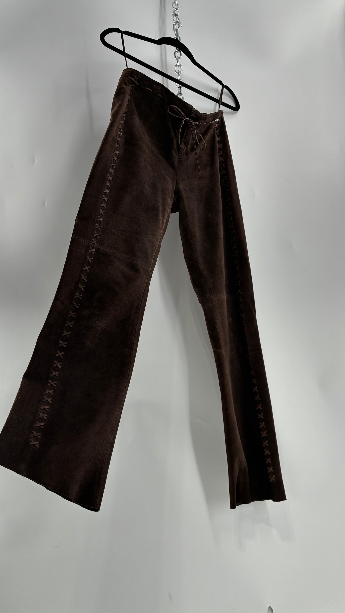 Vintage FOR JOSEPH Low Rise, Chocolate Brown Suede Pants with Leather Stitch Sides and Bow Closure (28)