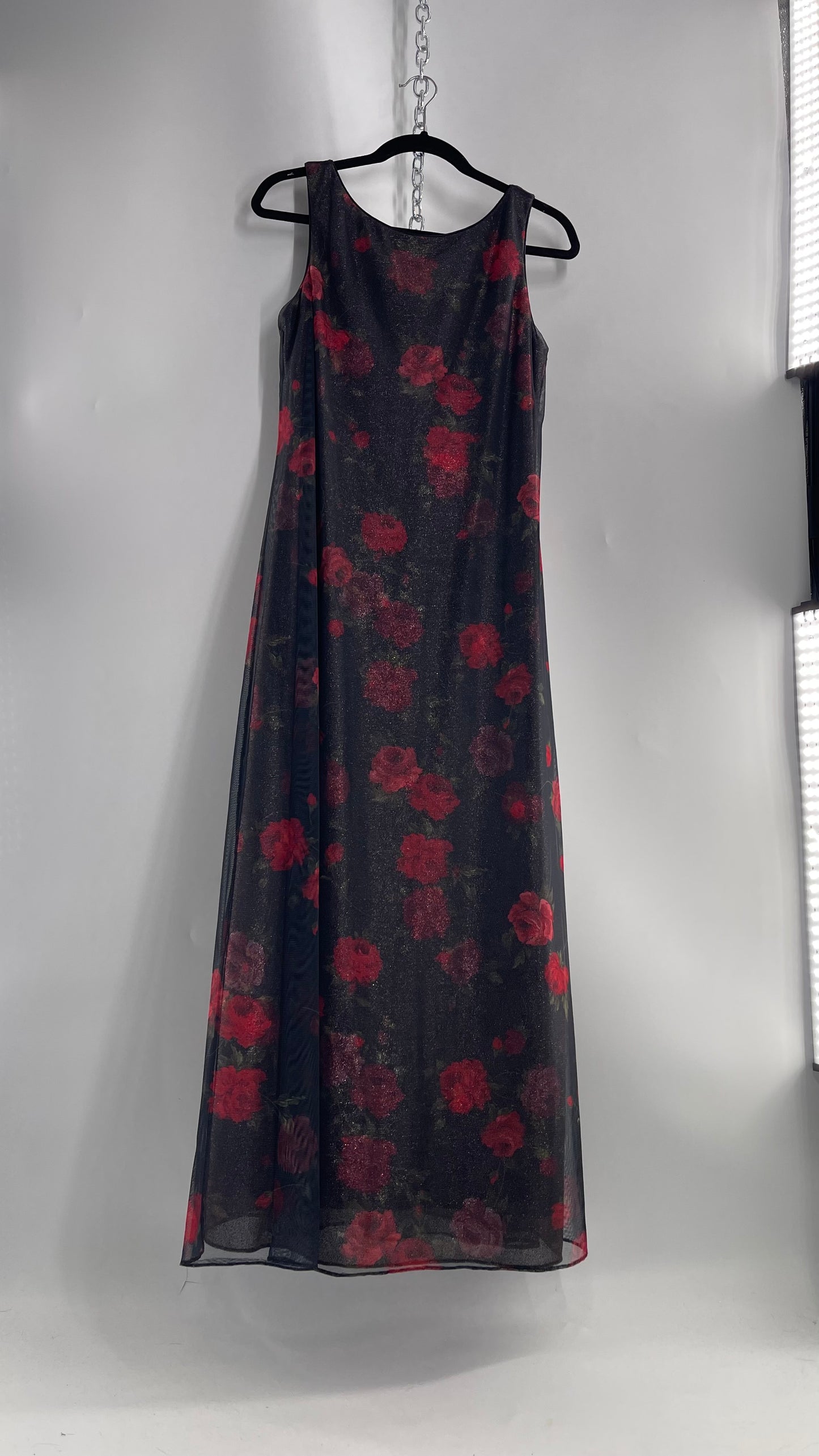 Vintage TEDDI EVENING Dress with Red Rose Layer Over Glitter Graphic and Black Base Layer (10)